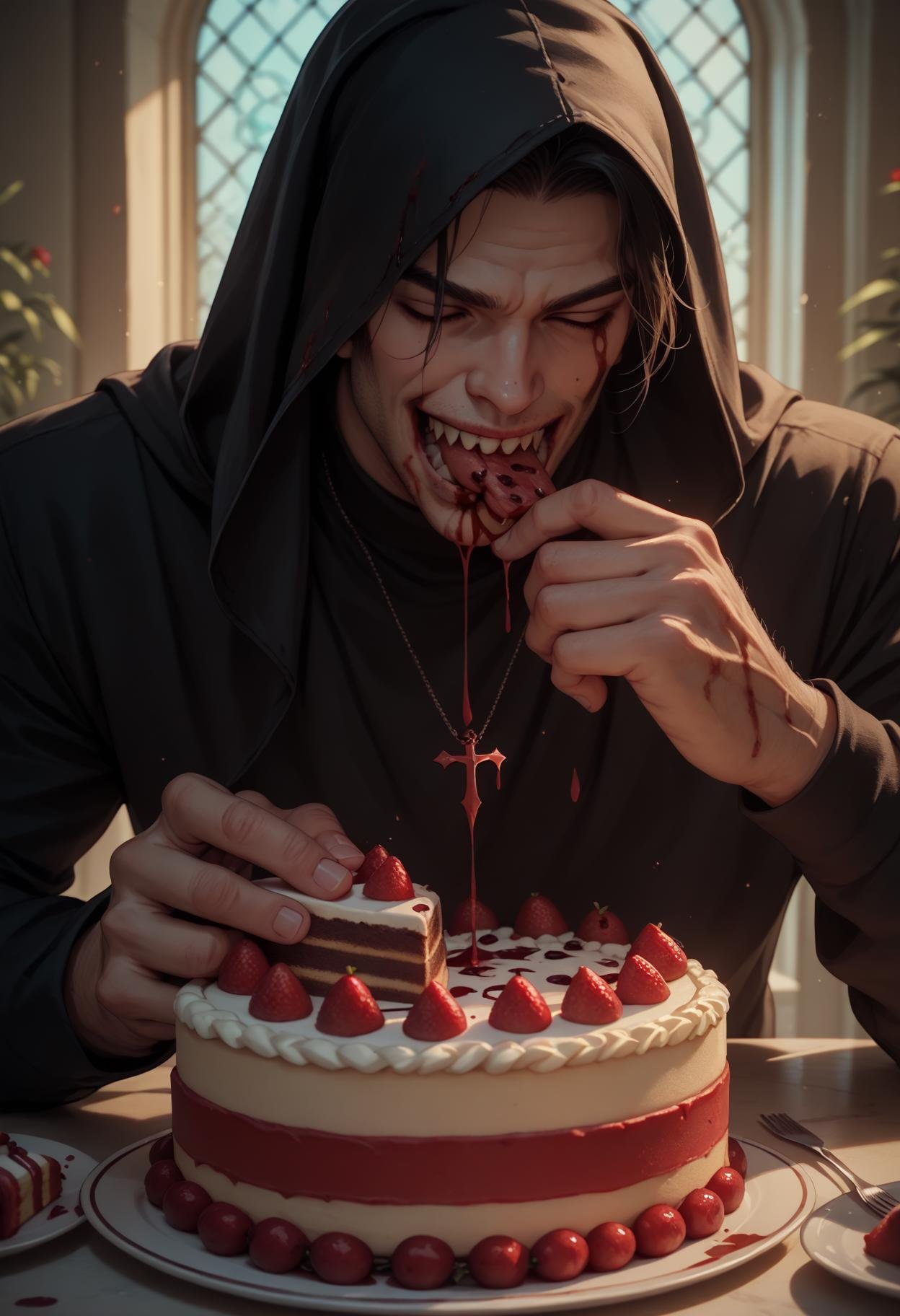 PonyXLV6_Scores 1boy,  male focus,  the evil lord Jesus Christ eating a slice of bloody cake that's turned blue in the Net...