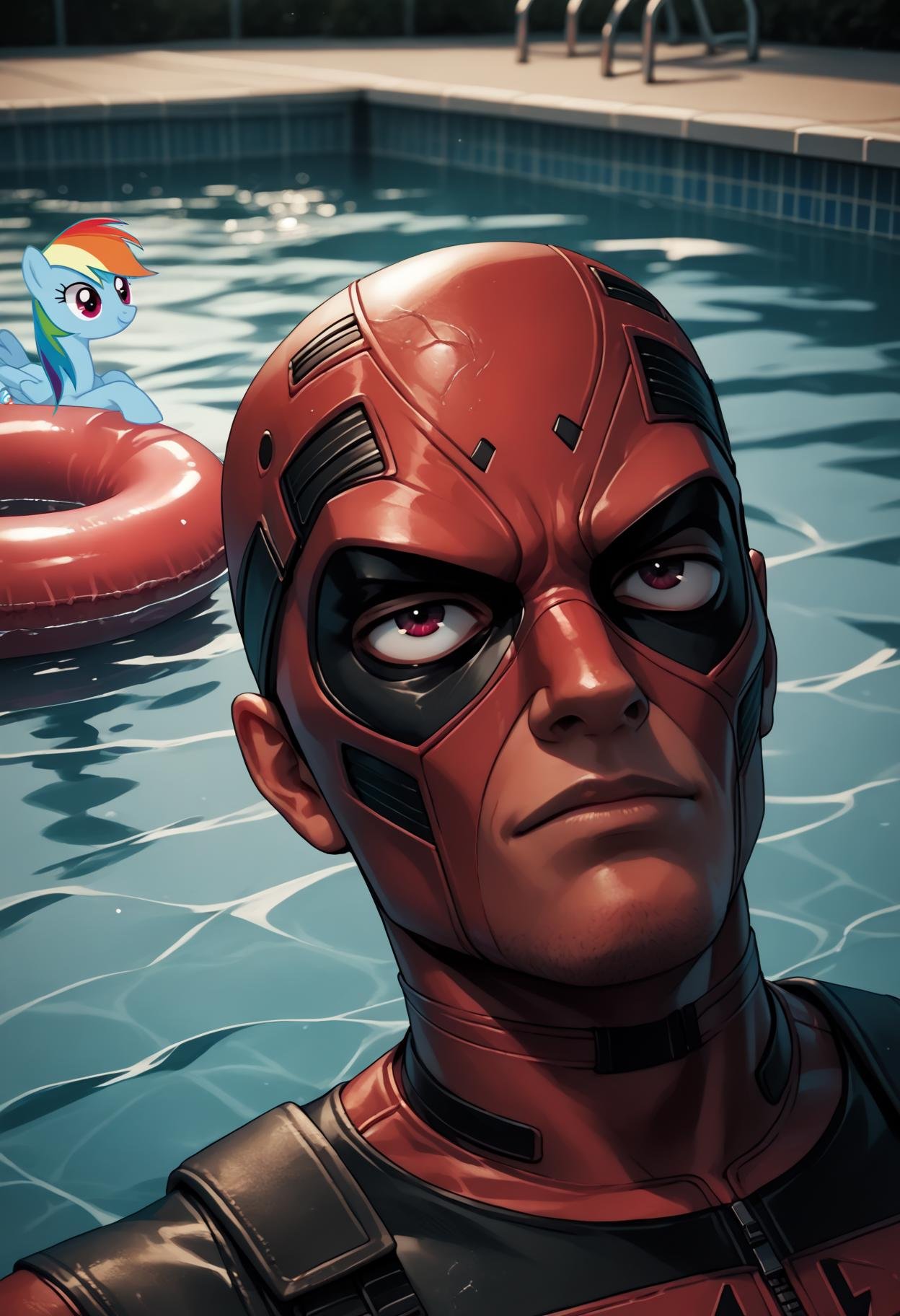PonyXLV6_Scores source_anime,  source_pony,  deadpool laying face down in a swimming pool by Collapsed_Dreams on Tensor.Art