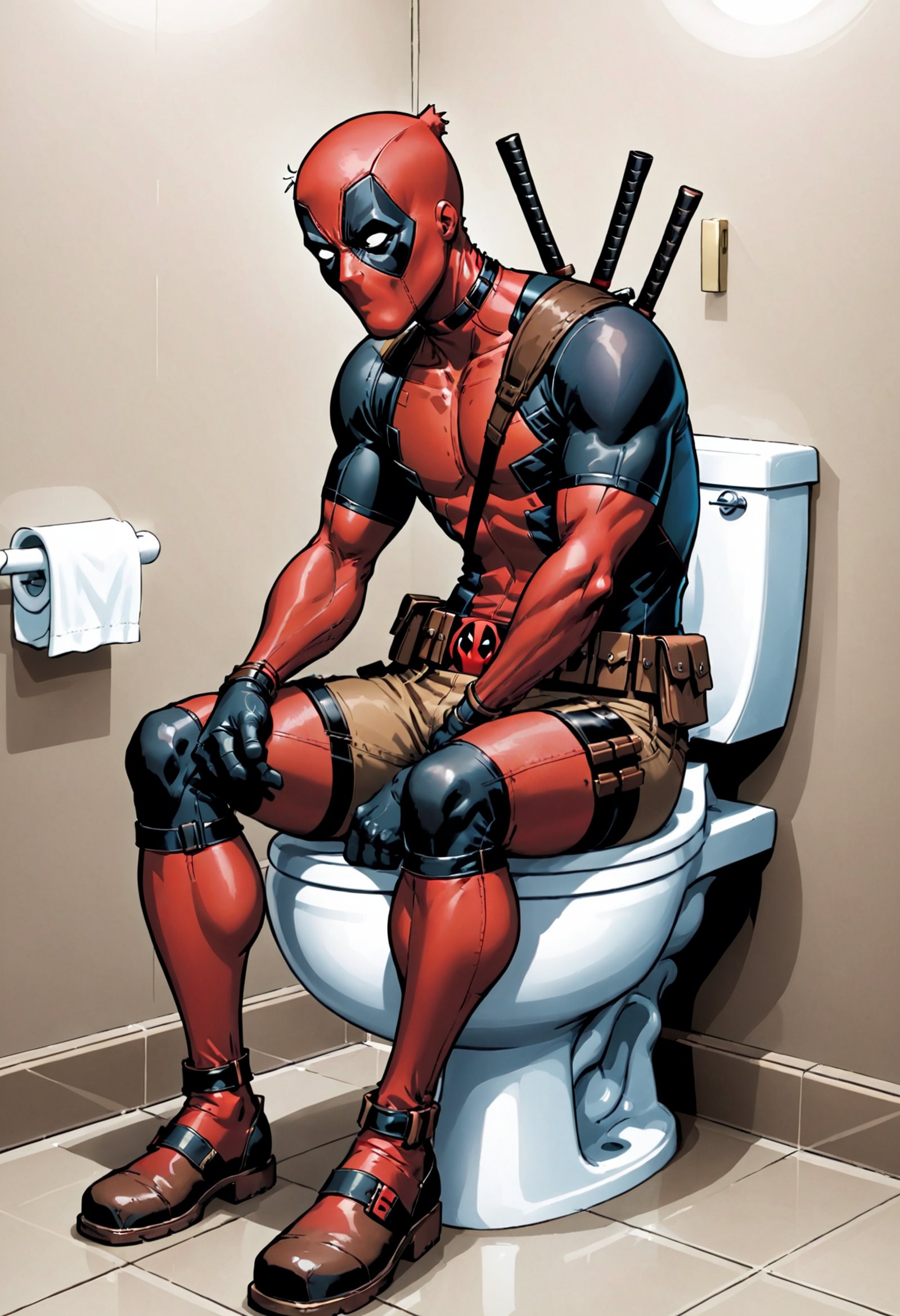 Deadpool sitting on a toilet,  wearing the brown pants by Collapsed_Dreams on Tensor.Art