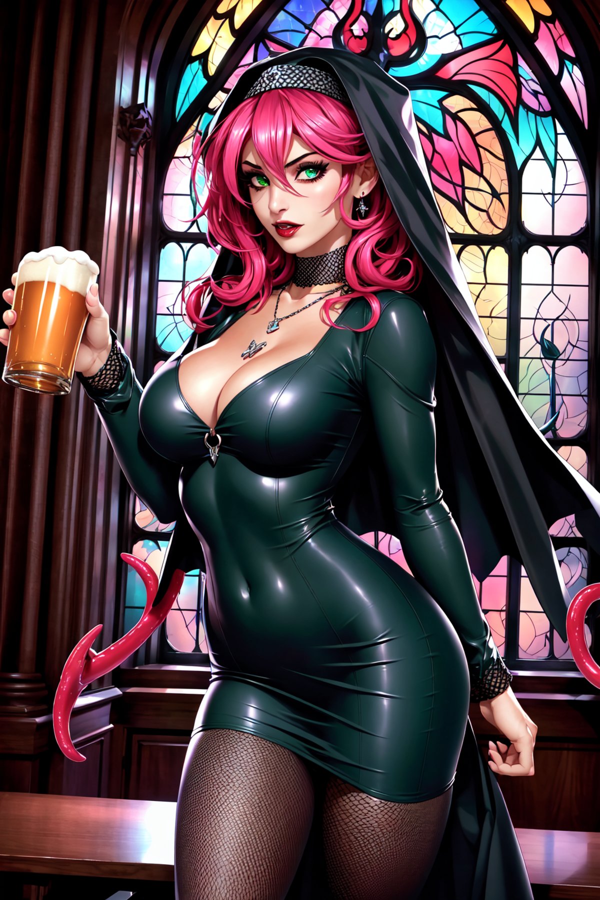 large breasts,  leather jacket,  pantyhose by Collapsed_Dreams on Tensor.Art