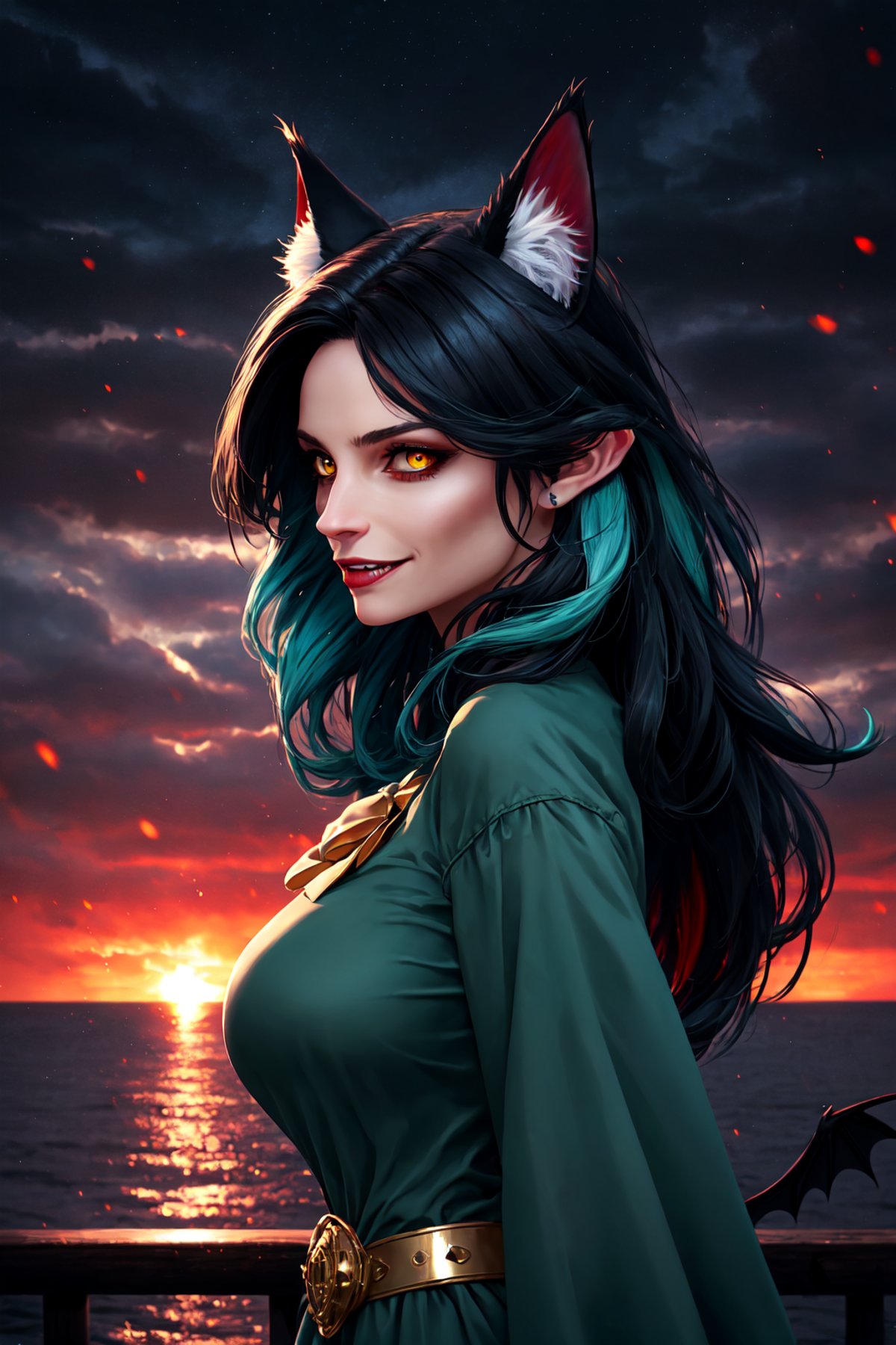 Hell_Fae HellGirl HellscapeV1 OseaDuskIsland RaElle-Hellaine,  green fire,  red eyes by Collapsed_Dreams on Tensor.Art