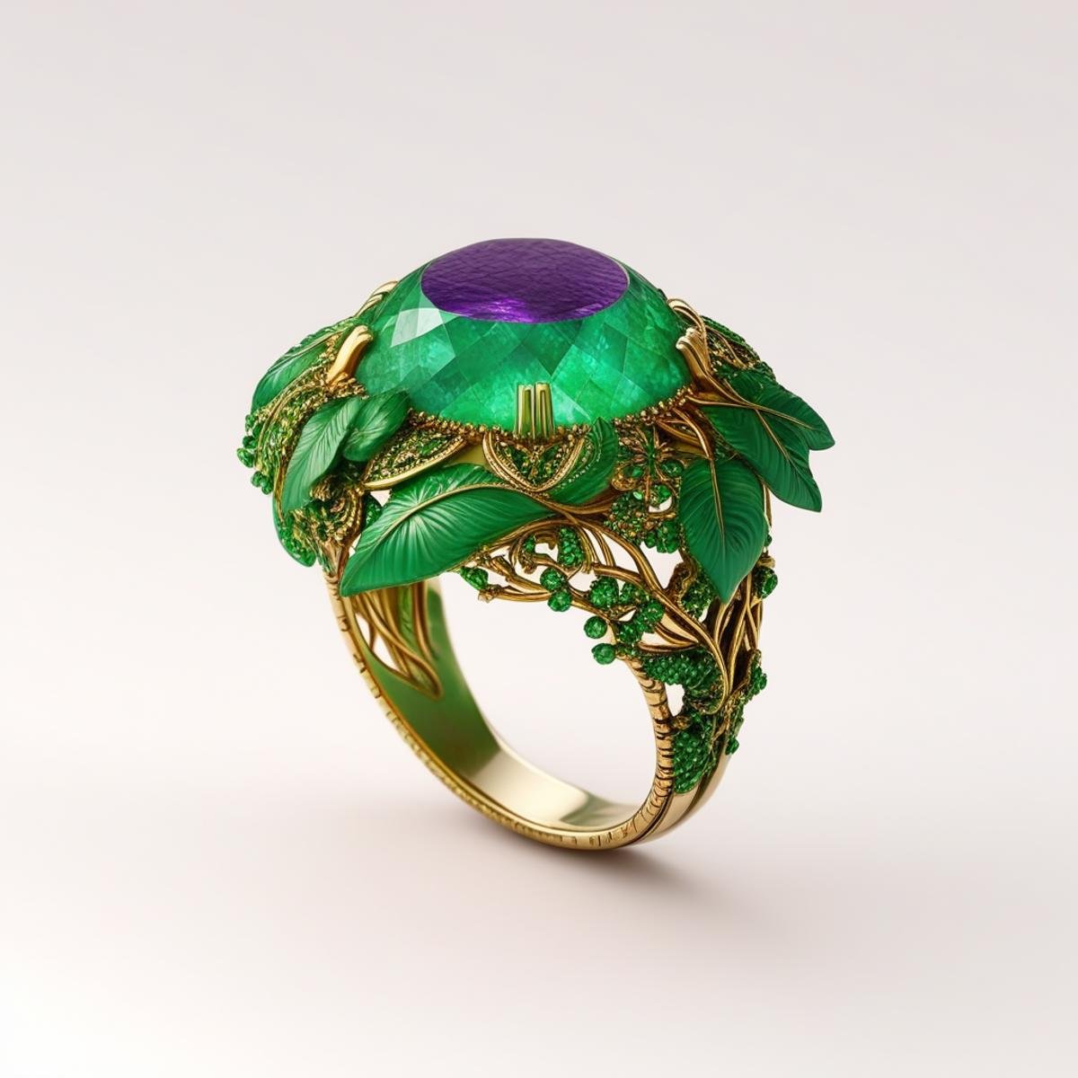 End_JewelryMorph,  a ring with an intricate inset green and purple stone with gold accents surrounded by green leaves by C...