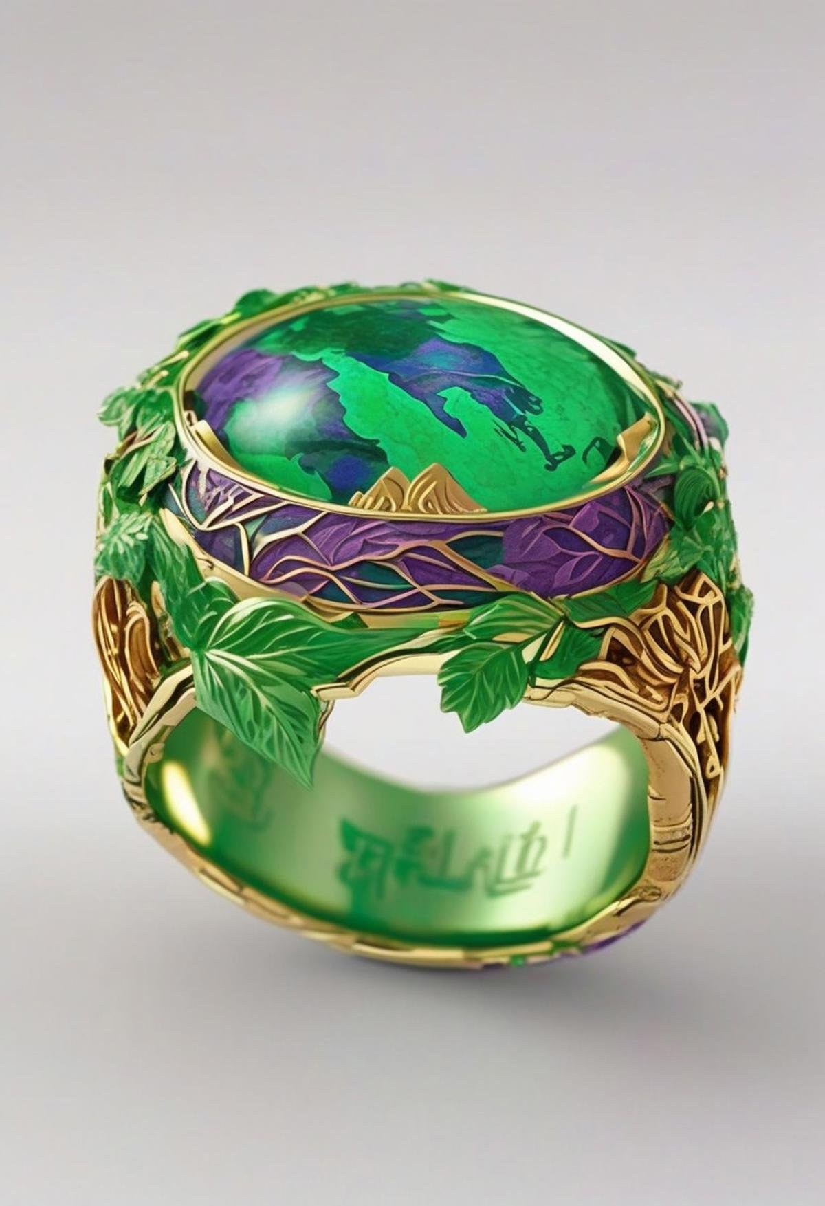 End_JewelryMorph,  a ring with an intricate depiction of the earth inside a green and purple inset stone with gold accents...