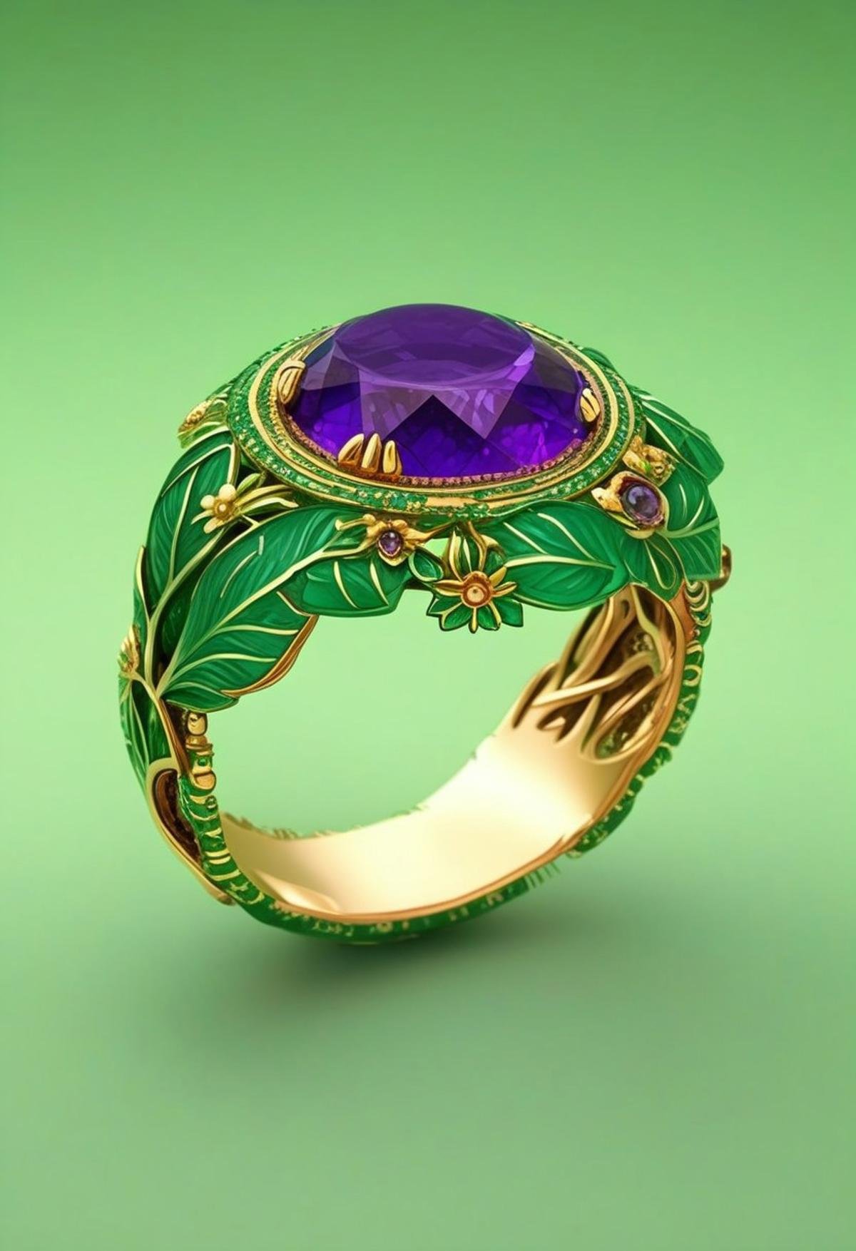 End_JewelryMorph,  a ring with an intricate inset green and purple stone with gold accents surrounded by green leaves by C...