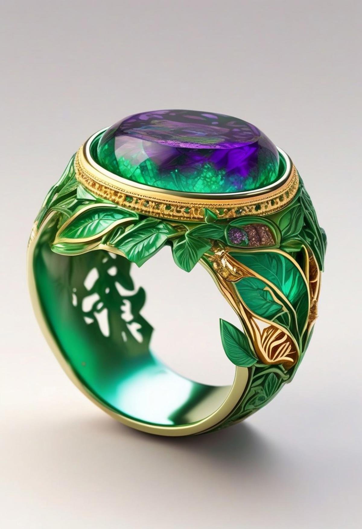 End_JewelryMorph,  a ring with an intricate depiction of the earth inside an inset green and purple stone with gold accent...
