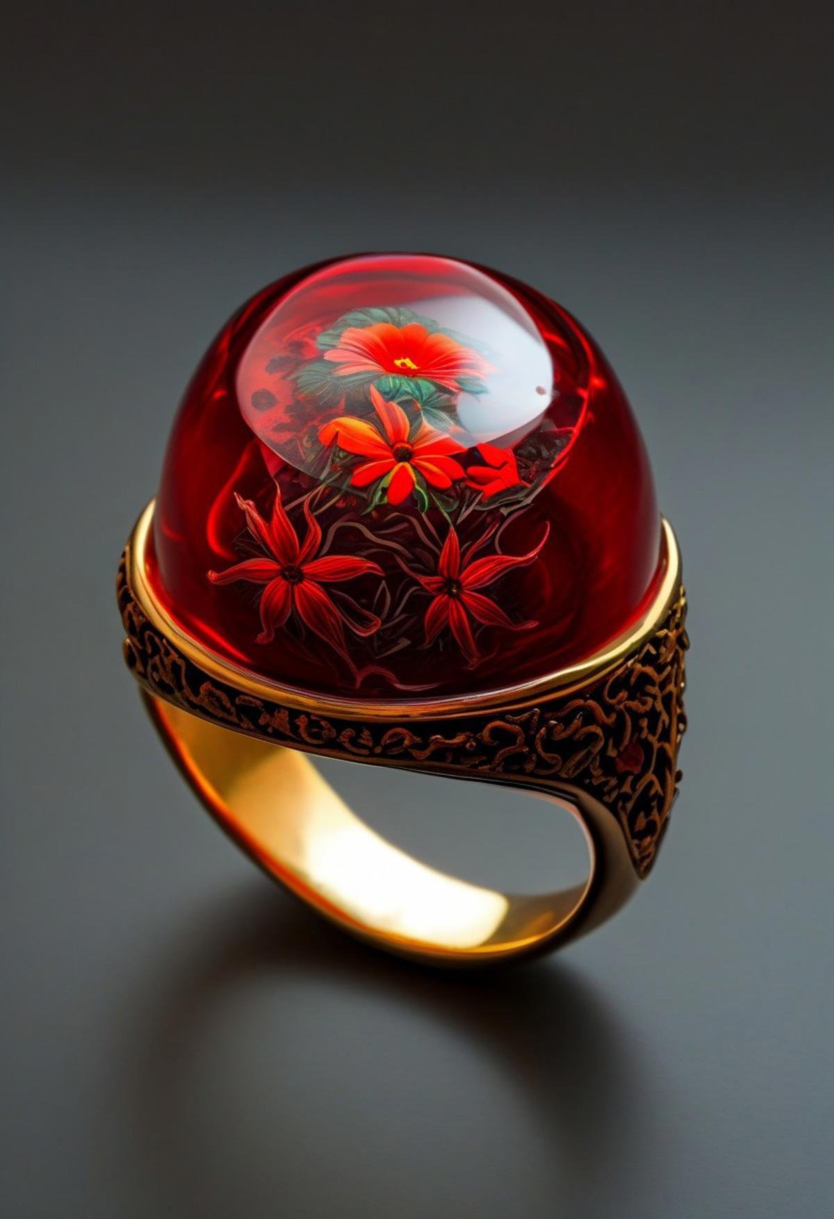 End_JewelryMorph,  a ring with a red flower inside a red glass dome by Collapsed_Dreams on Tensor.Art