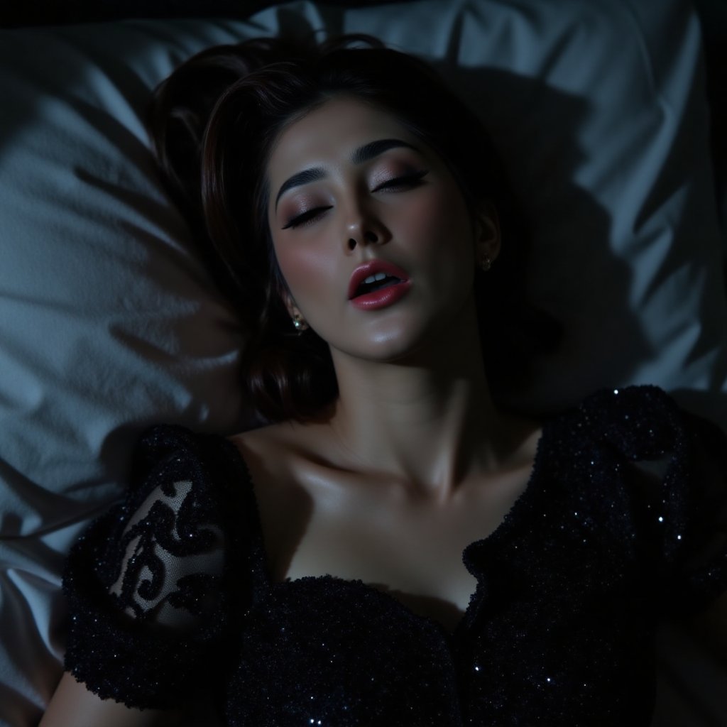 Widow's Repose: A high-angle shot frames the black beady satin lace dress-clad widow lying on her back on bed,  oblivious...