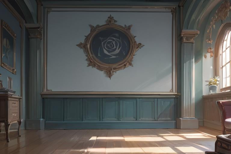 utenaki,  background focus,  interior wall with wainscoting and rose design on it by hushicho on Tensor.Art