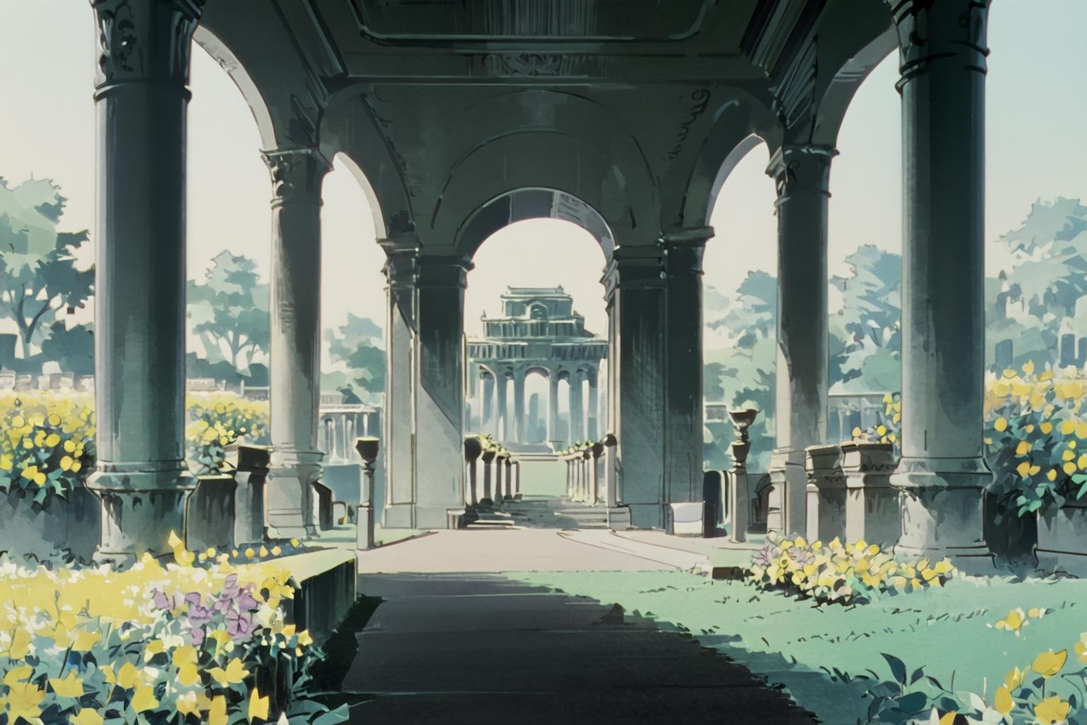 utenaki,  background focus,  stately courtyard with flowers and columns by hushicho on Tensor.Art