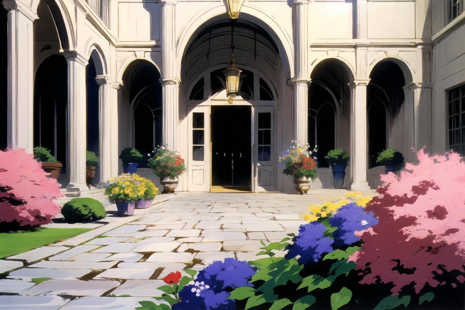 utenaki,  stately courtyard with flowers and columns by hushicho on Tensor.Art