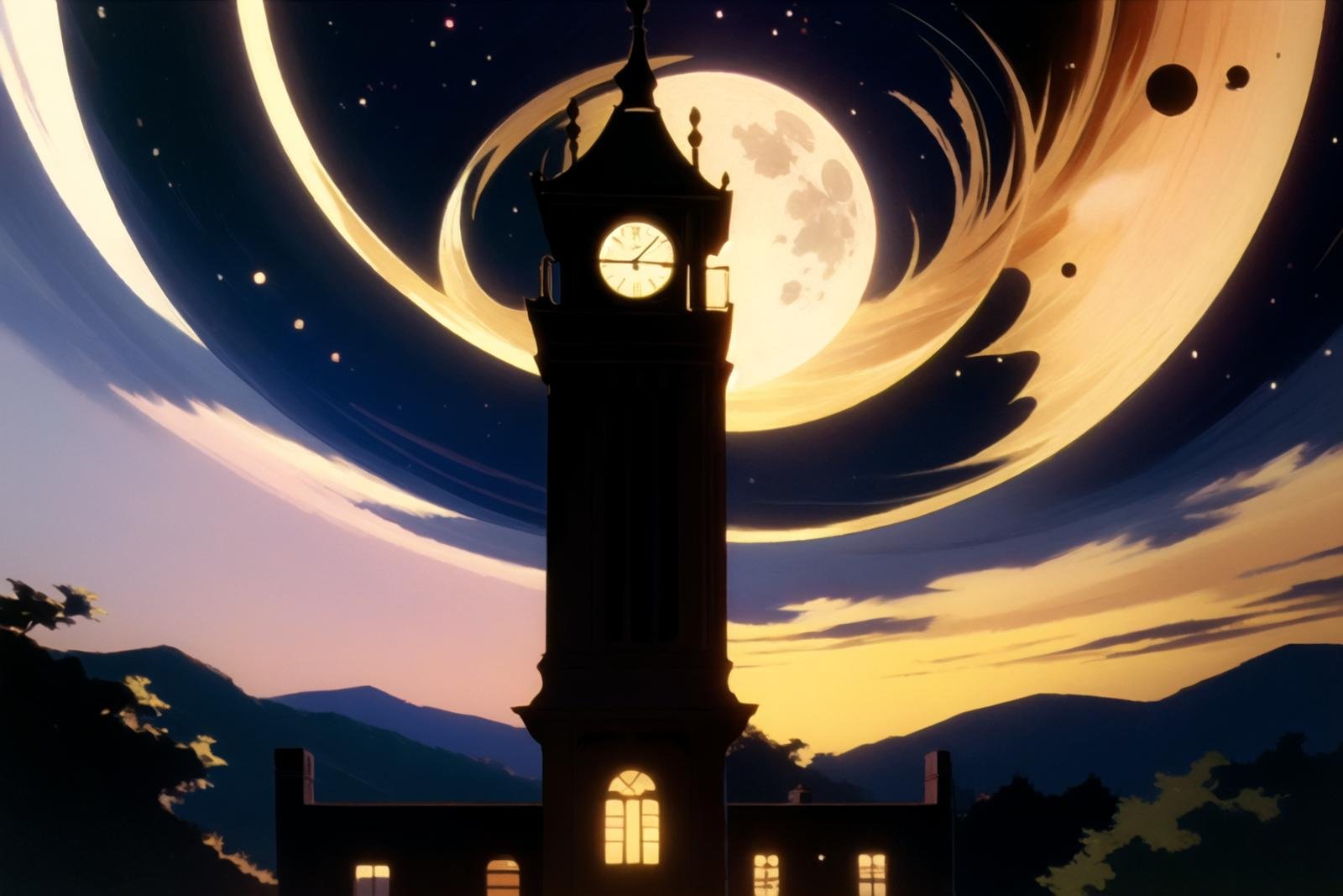 utenaki,  fantasy clock tower in darkness under the full moon by hushicho on Tensor.Art