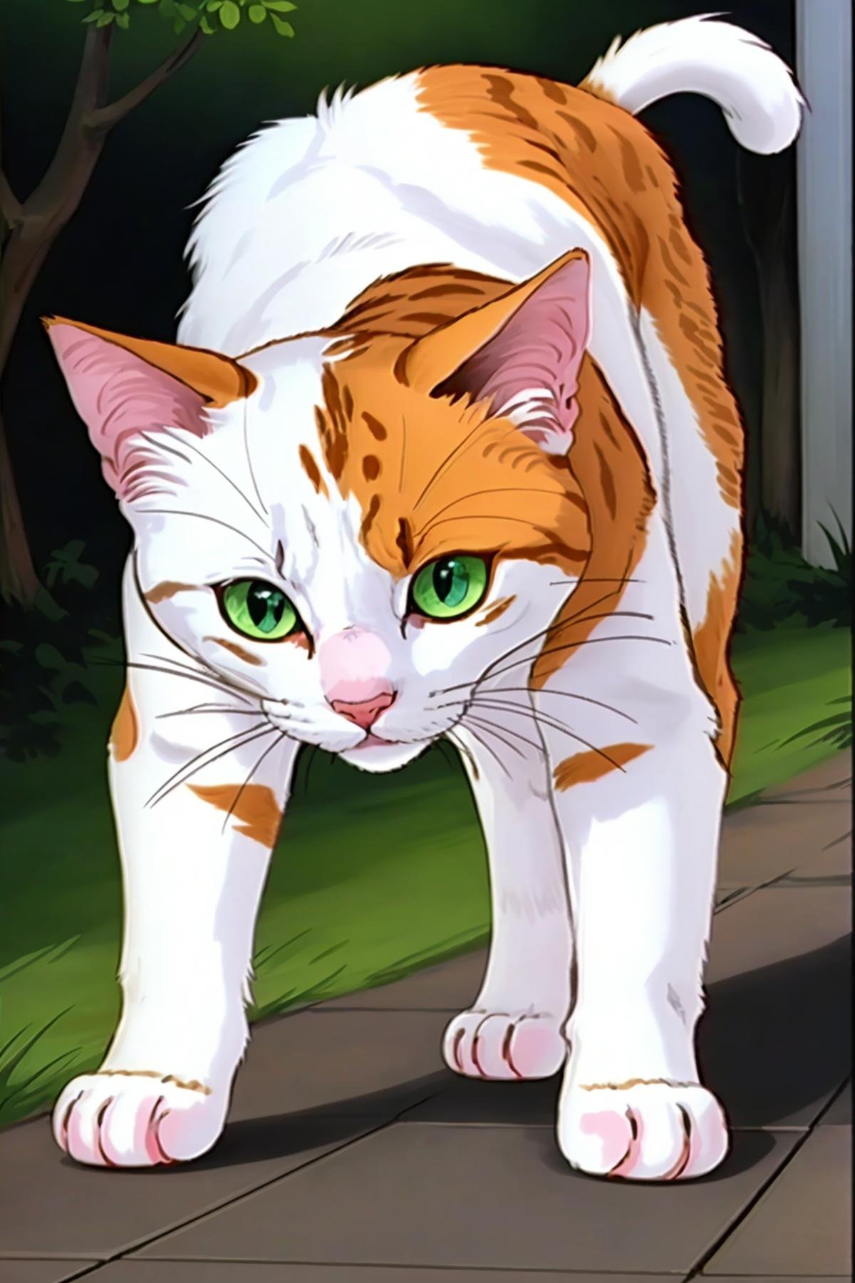 darkcat,  (solo focus),  ruicat white calico cat with green eyes and a fuzzy head by hushicho on Tensor.Art