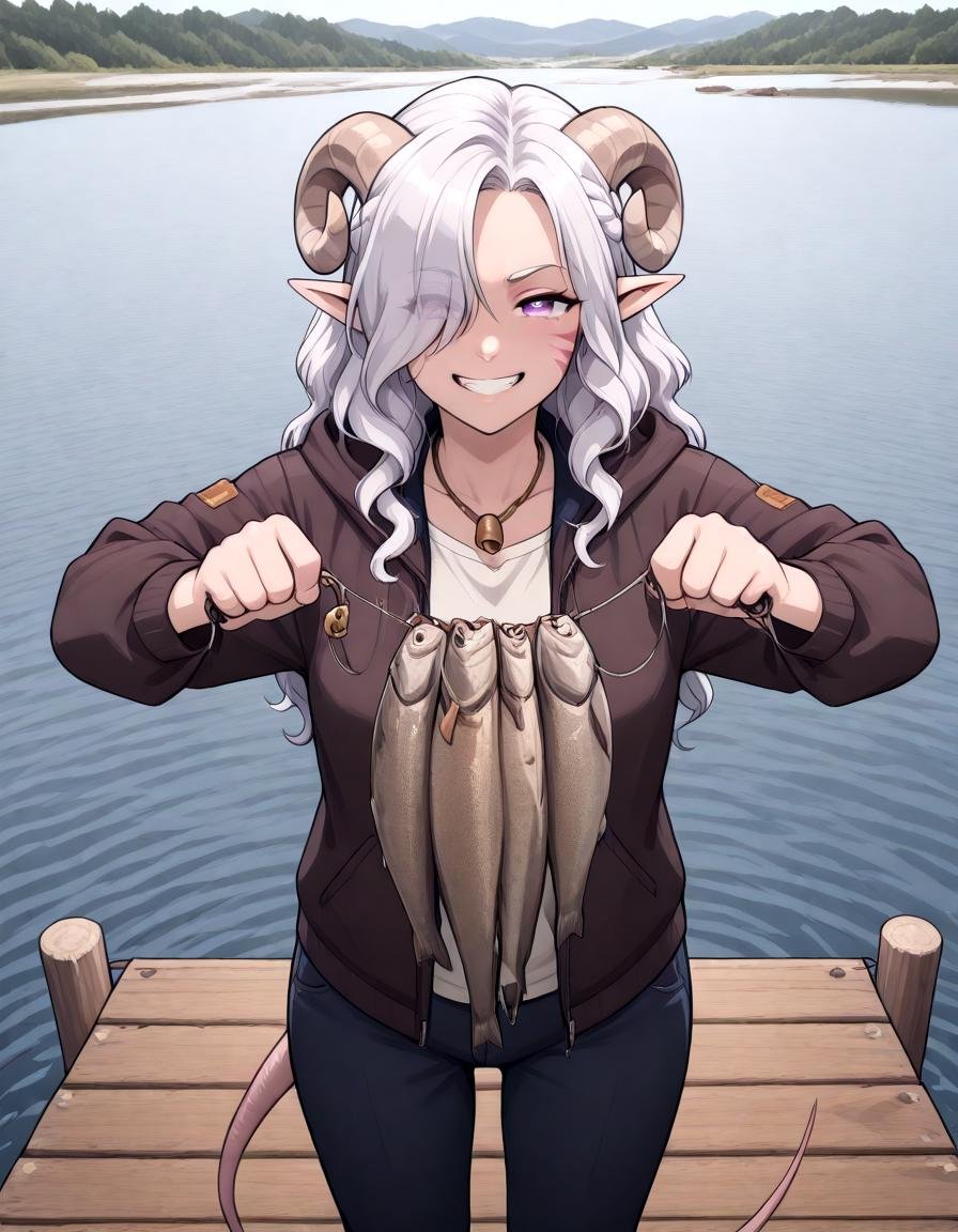 Fish_Stringer:1.5 ,  rope,  holding fish stringer by Tiefling_bard_Diana on Tensor.Art