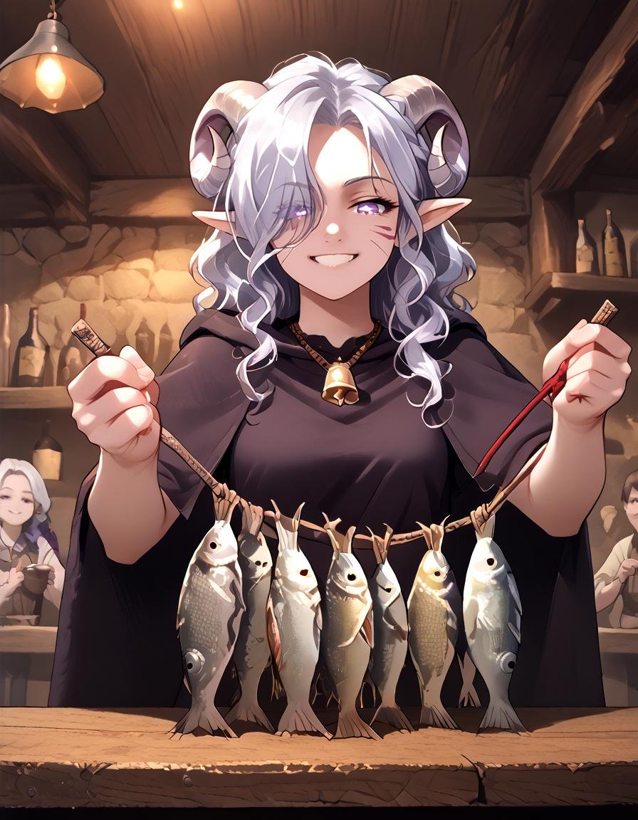 Fish_Stringer:1.4 ,  holding fish stringer,  holding rope by Tiefling_bard_Diana on Tensor.Art