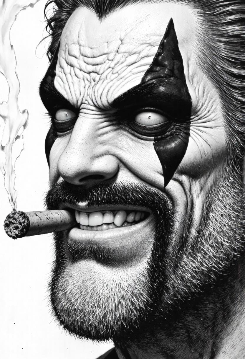 a close-up of L0b0Dc man,  face,  pencil black and white drawn of L0b0Dc man smoking a big cigar by Alcaitiff on Tensor.Art