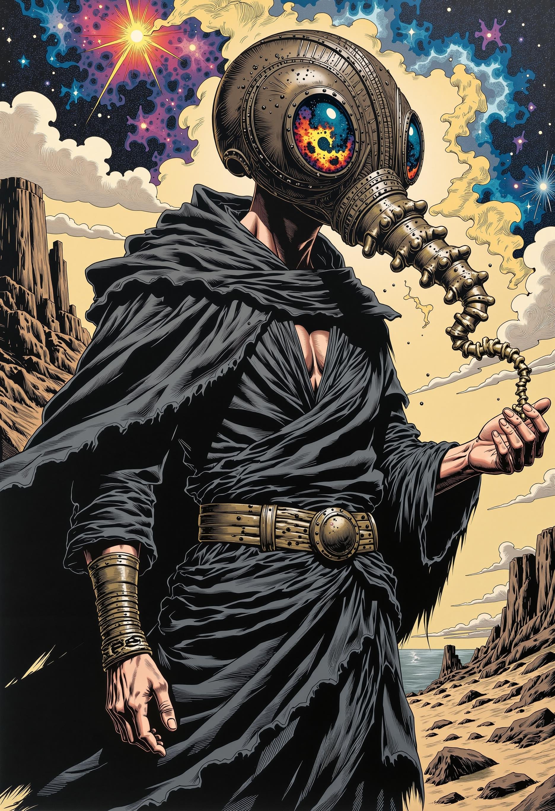 In a vibrant comic book scene,  featuring a close-up portrait of a slender man clad in a tattered black robe stands at the...