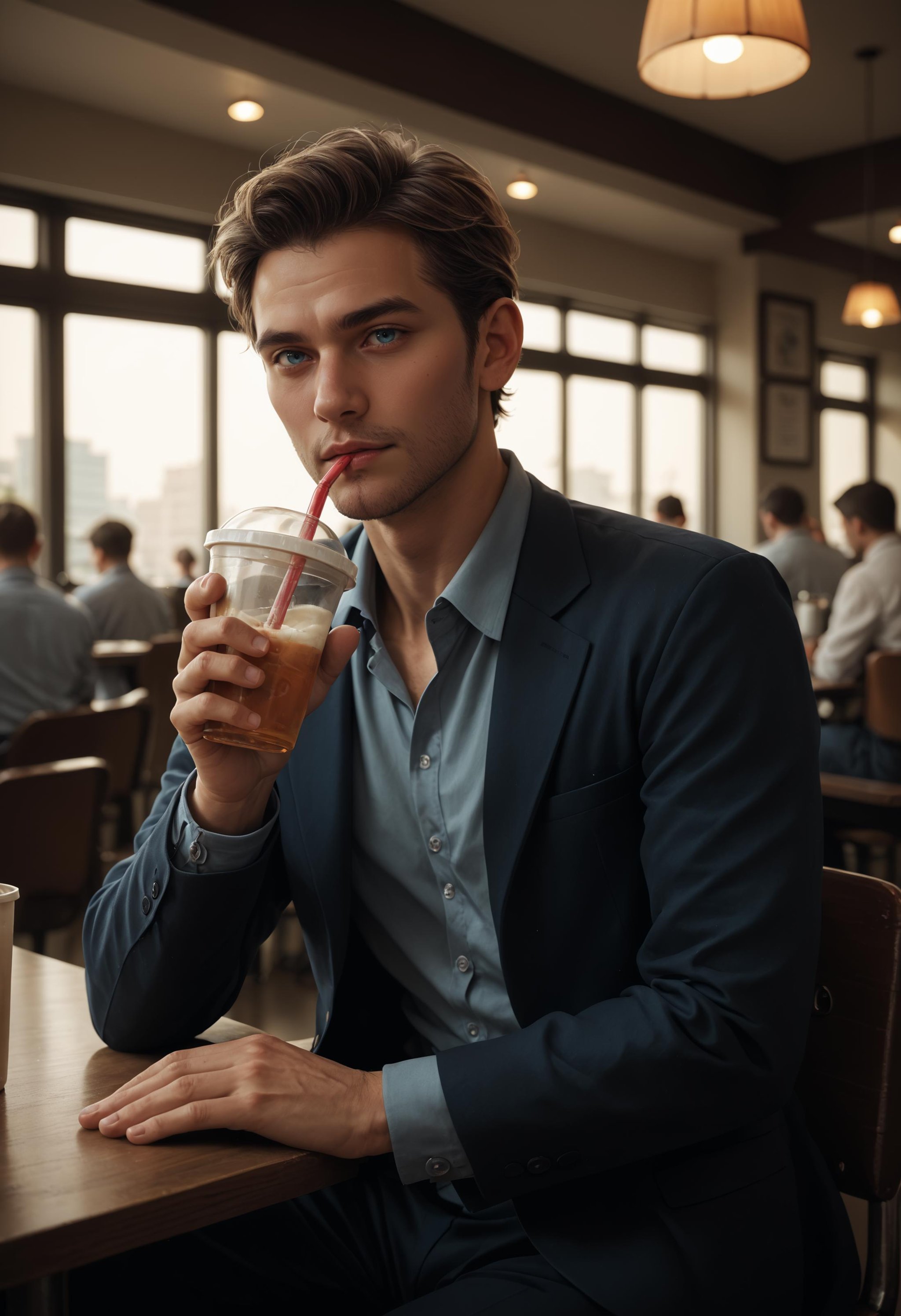 a post office worker,  male focus,  Drinking_XL by Collapsed_Dreams on Tensor.Art