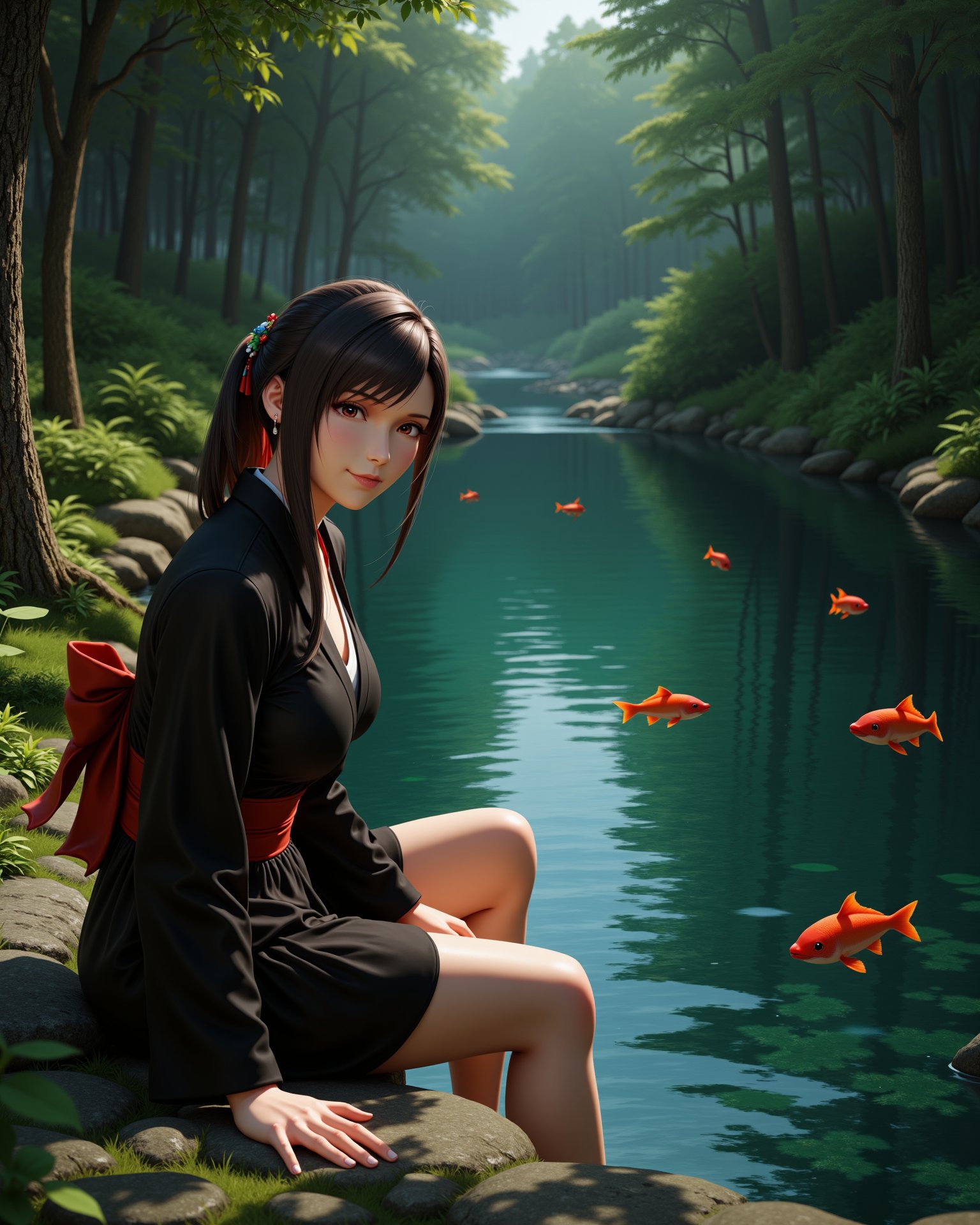 -looking at viewer,  outdoors daylightphotorealistic photo of ff-tifa she has black hair and red eyes,  a 20 year old adul...