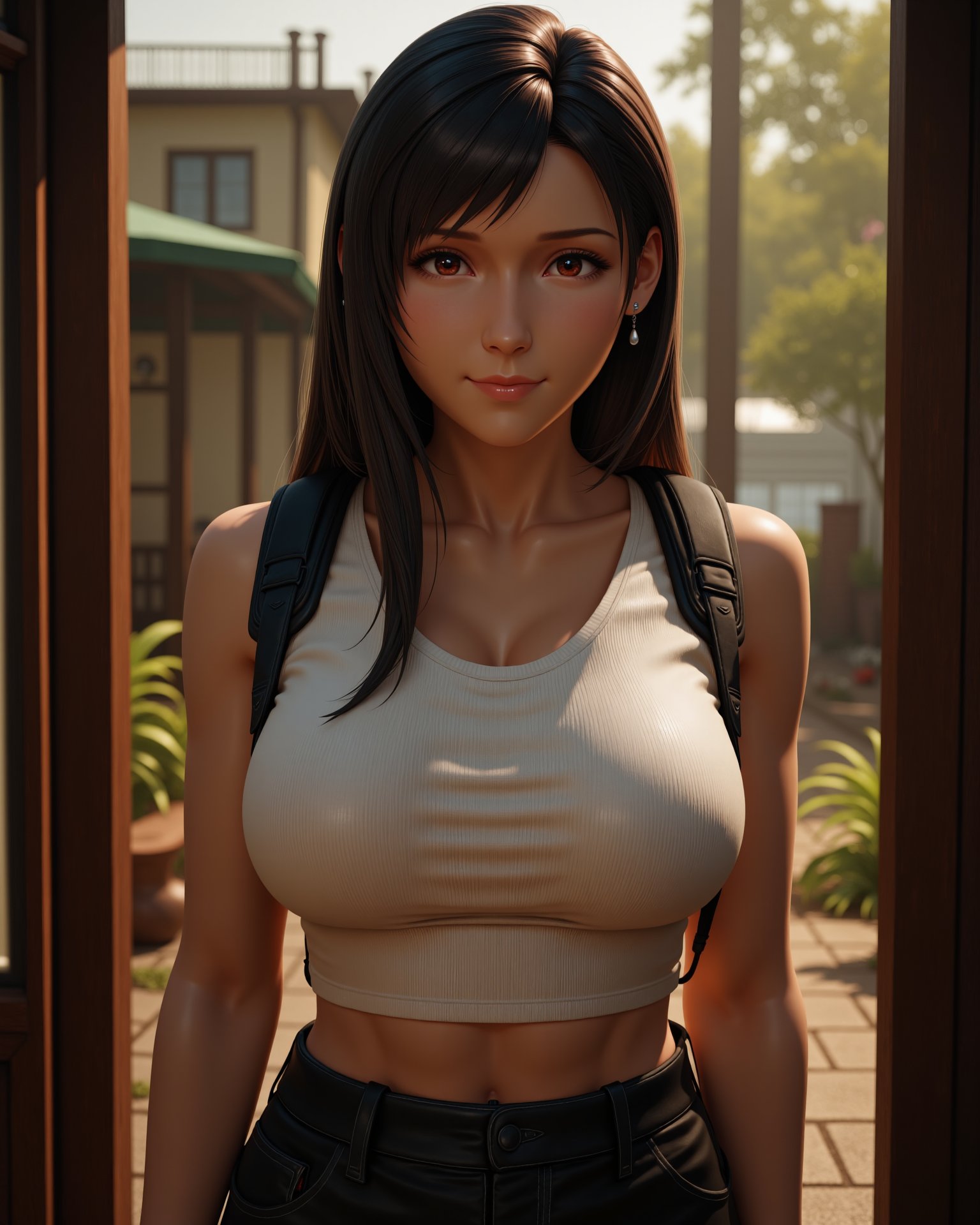 -looking at viewer,  outdoors daylightphotorealistic photo of ff-tifa she has black hair and red eyes,  a 30 year old adul...