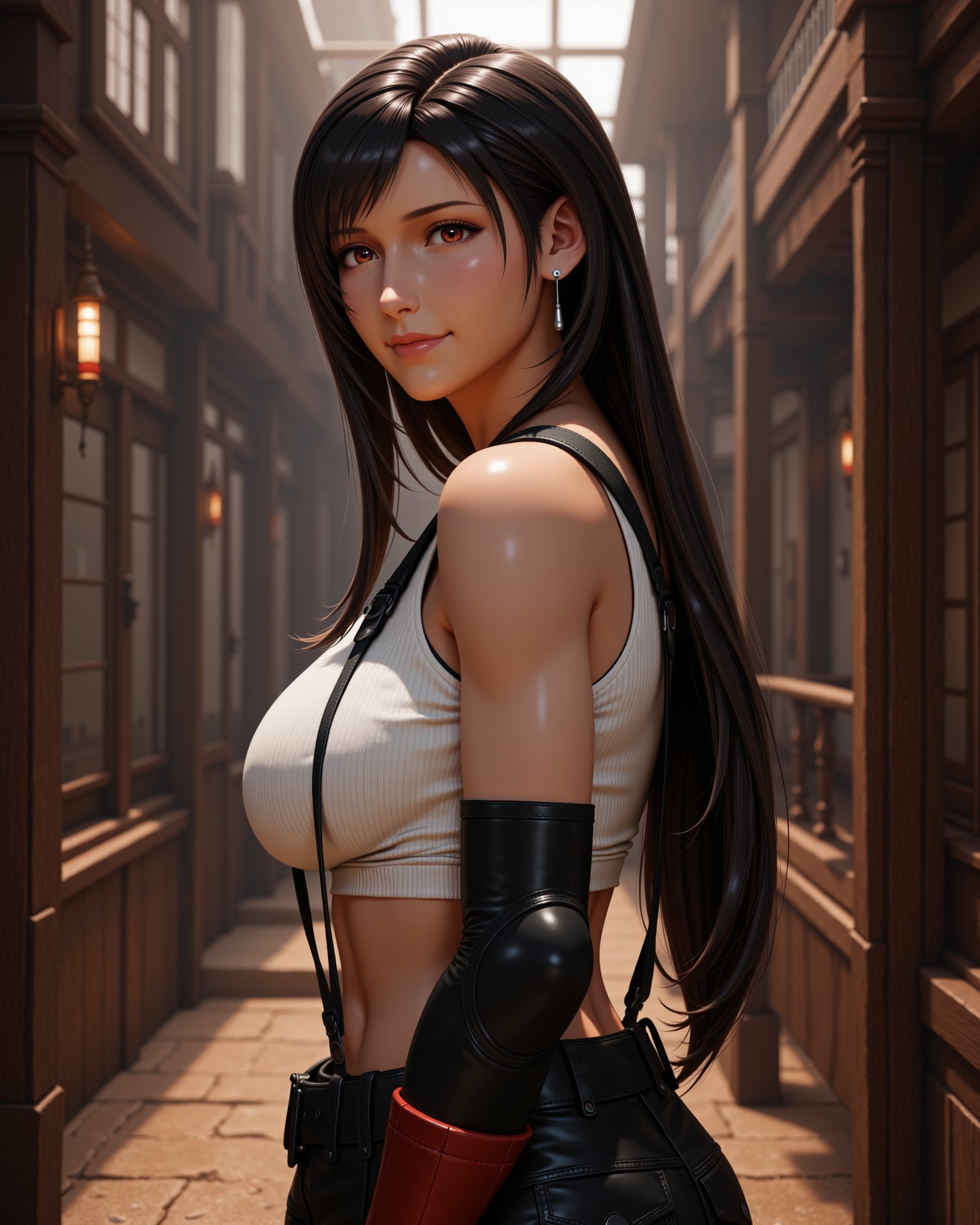 -looking at viewer,  outdoors daylightphotorealistic photo of ff-tifa she has black hair and red eyes,  a 30 year old adul...