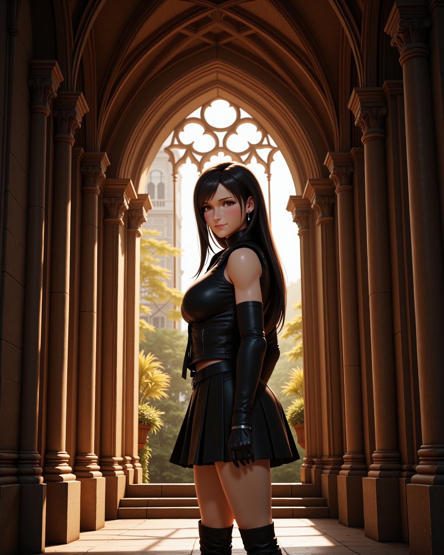 -looking at viewer,  outdoors daylightphotorealistic photo of ff-tifa she has black hair and red eyes,  a 20 year old adul...