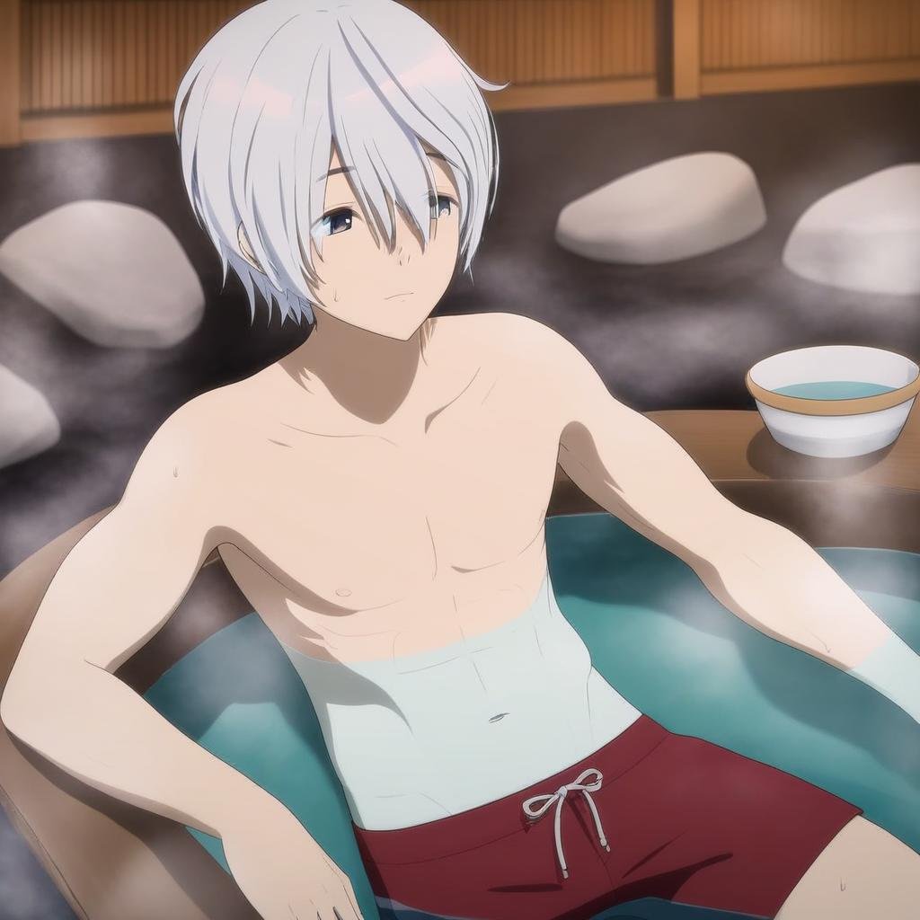 Kaijuboy wearing swim trunks,  relaxing in a hot spring by ScorpioBoy on Tensor.Art