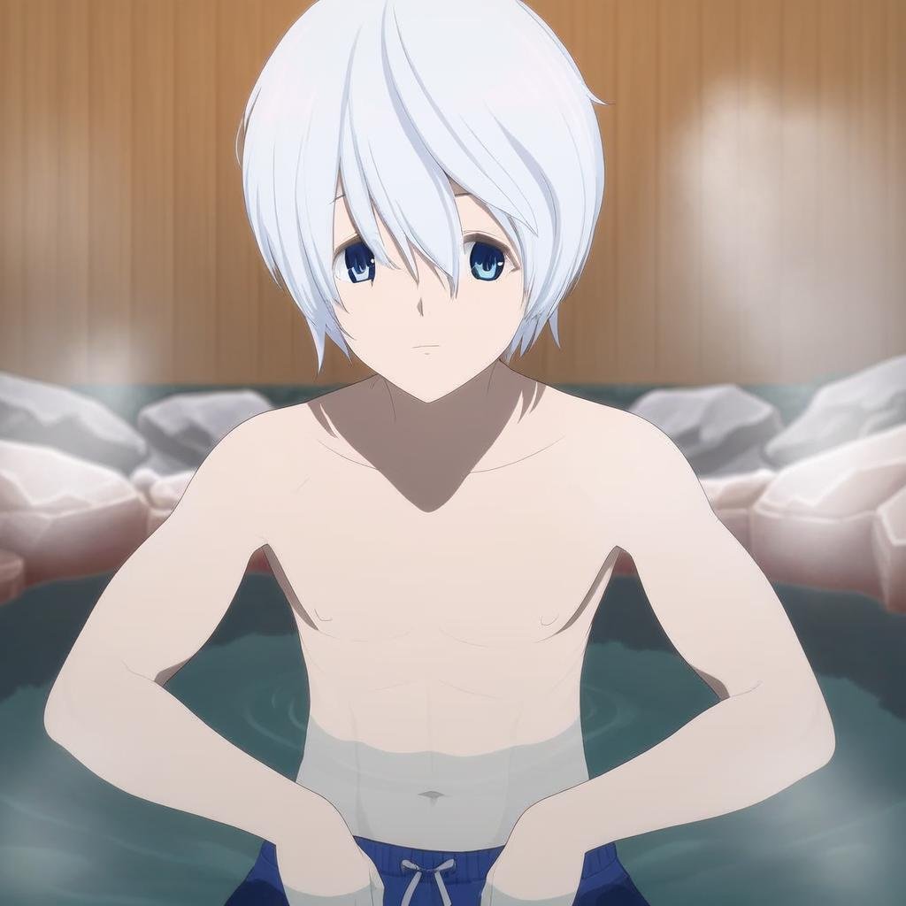 Kaijuboy wearing swim trunks,  relaxing in a hot spring by ScorpioBoy on Tensor.Art