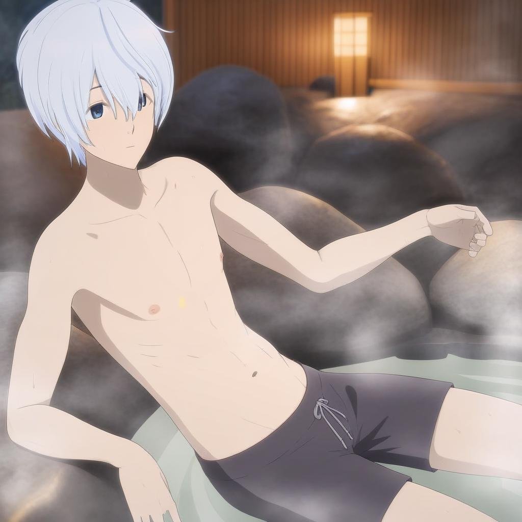 Kaijuboy wearing swim trunks,  relaxing in a hot spring by ScorpioBoy on Tensor.Art
