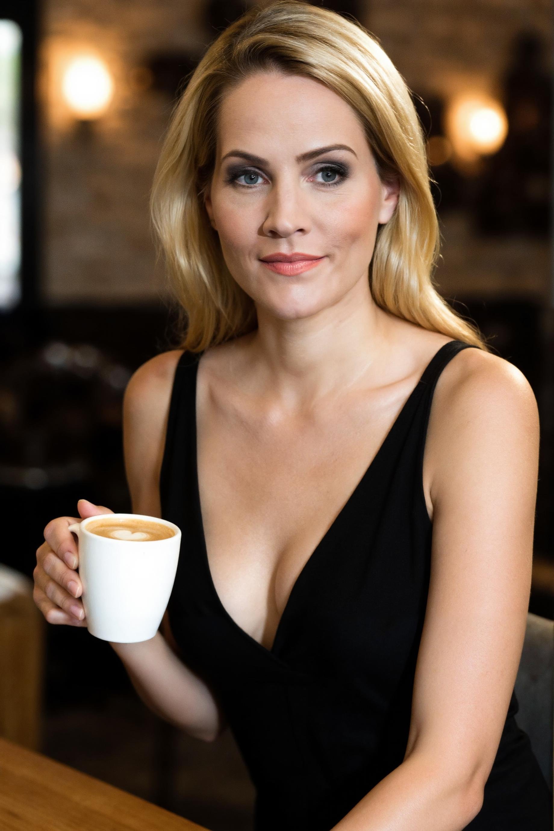 portrait of a beautiful blonde young woman,  slightly mild side view,  sitting in a cafebar at a cafe table grabbing a lar...