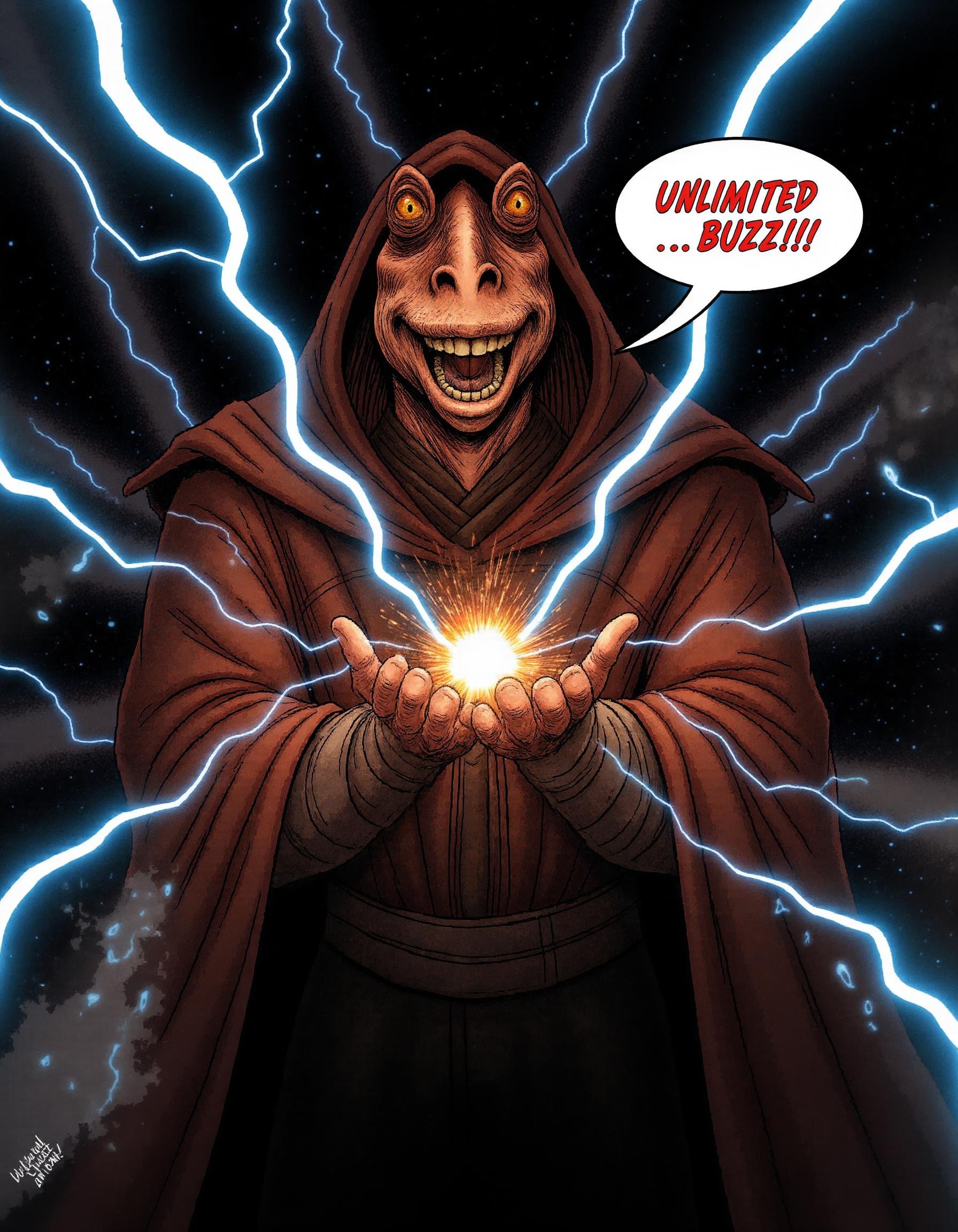 This is an extract from a comic book following the adventures of ((Darth_Jar)),  a powerful gungan Sith lord in the Star W...