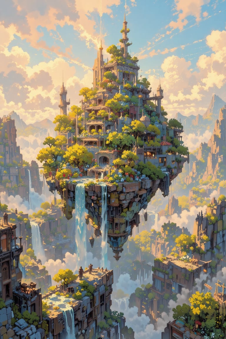 floating islands in the sky,  cascading waterfalls,  golden sunlight breaking through clouds by Izmys on Tensor.Art