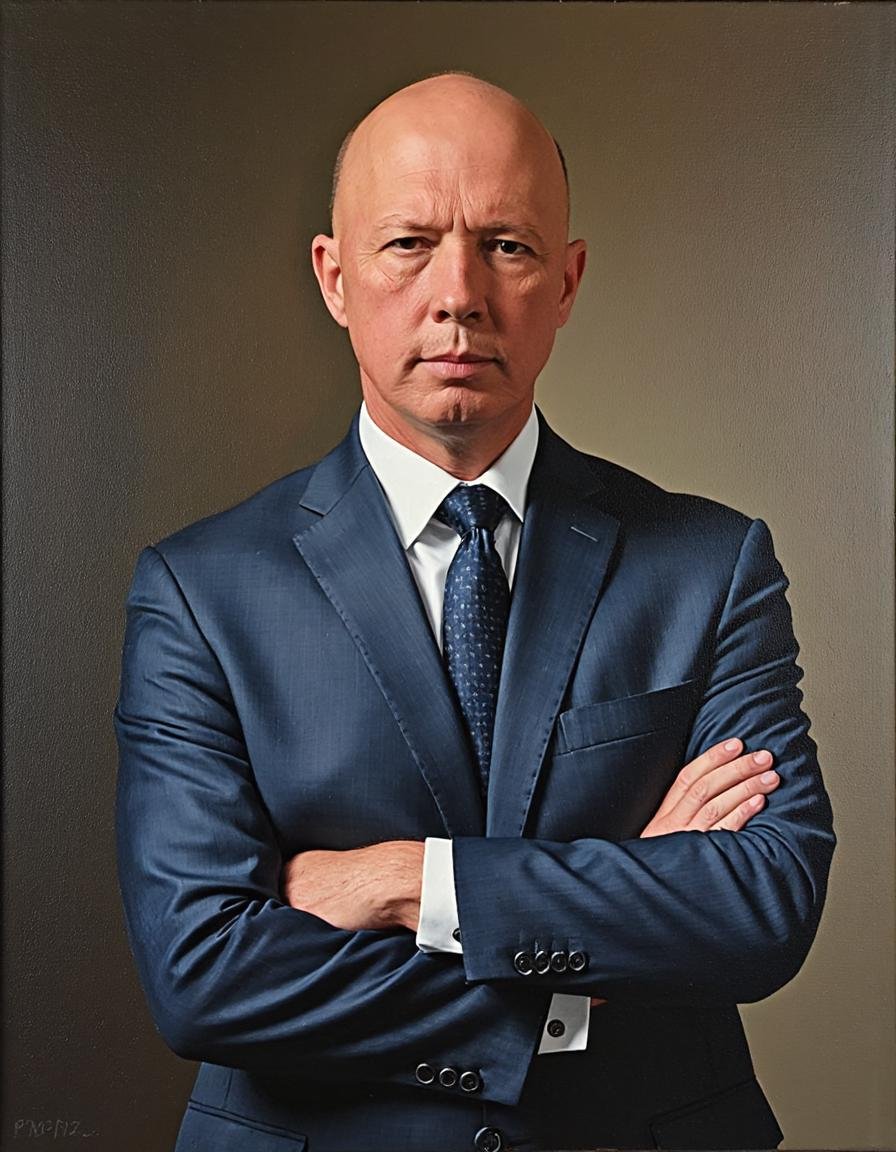 A high-detail oil painting portrait of a bald,  light-skinned man in a navy blue suit,  standing with arms crossed. His ex...