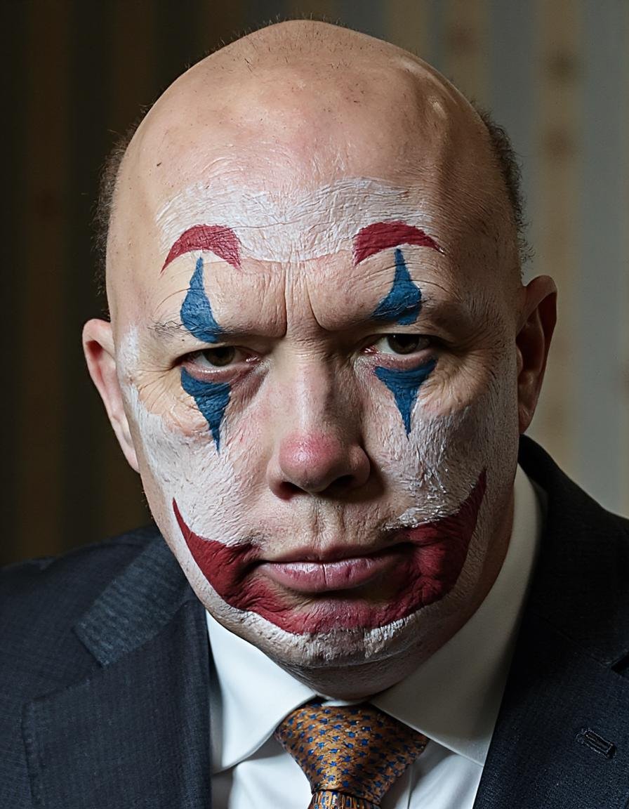 A portrait of a middle aged man wearing sad clown makeup. His bald head is visible,  and his eyes look tired. His suit jac...