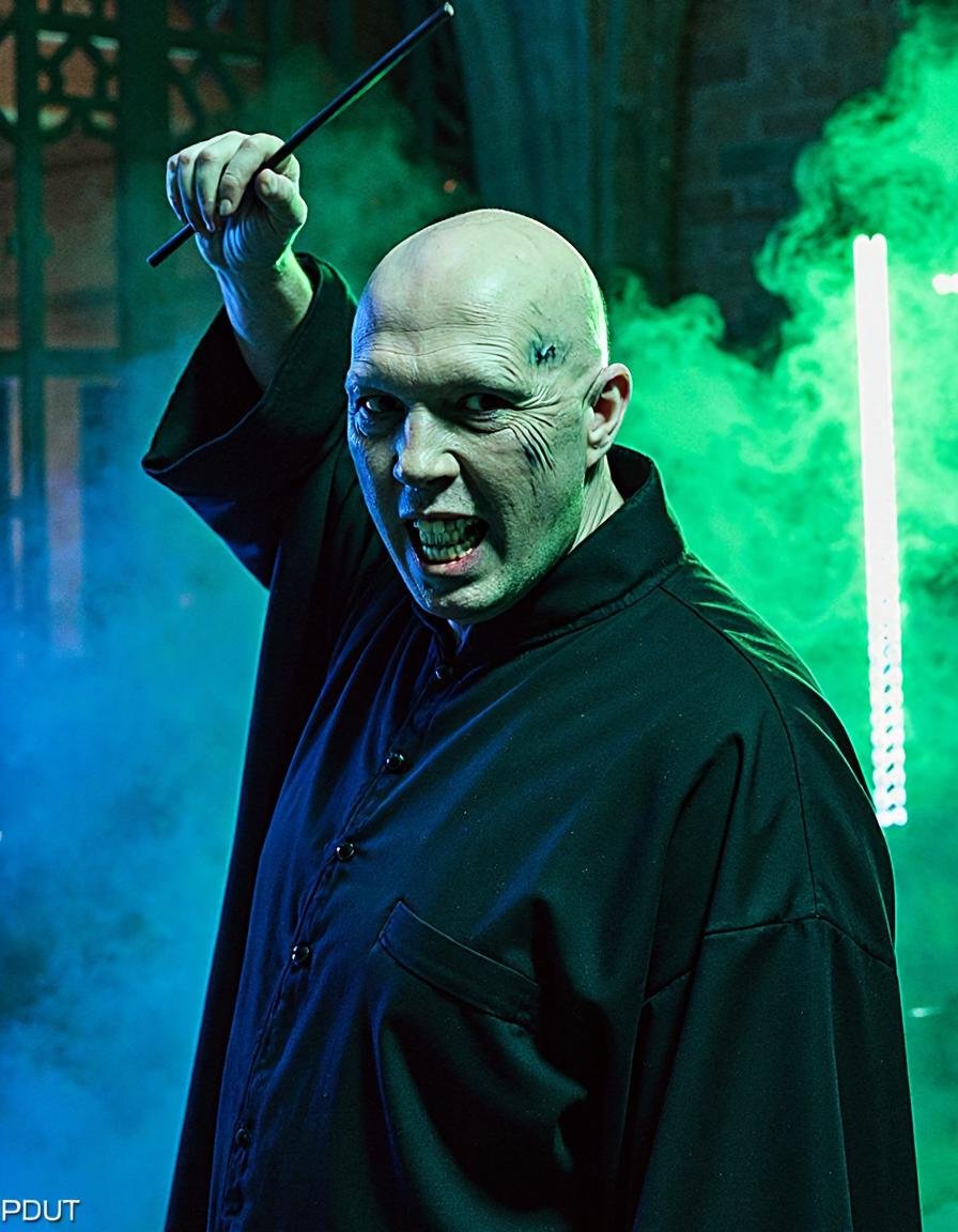 A detailed Halloween cosplay of a bald man dressed as Voldemort,  with pale,  almost translucent skin by psychologicau on...