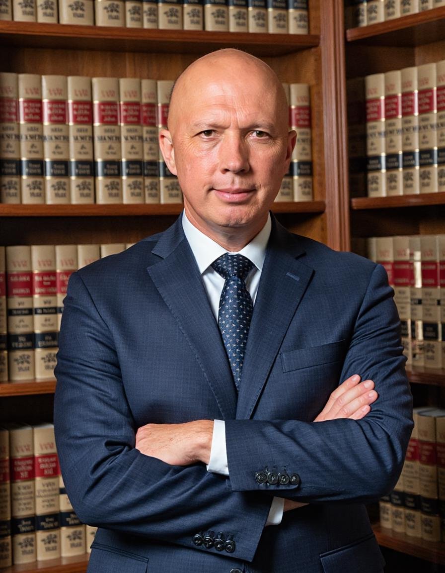 A high-detail photographic portrait of a bald,  light-skinned man in a navy blue suit,  standing with arms crossed in fron...