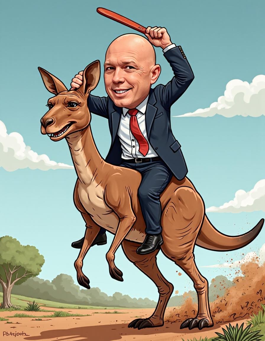 A cartoon style caricature of a bald man in a suit riding a kangaroo into battle. With one hand over his head he holding a...
