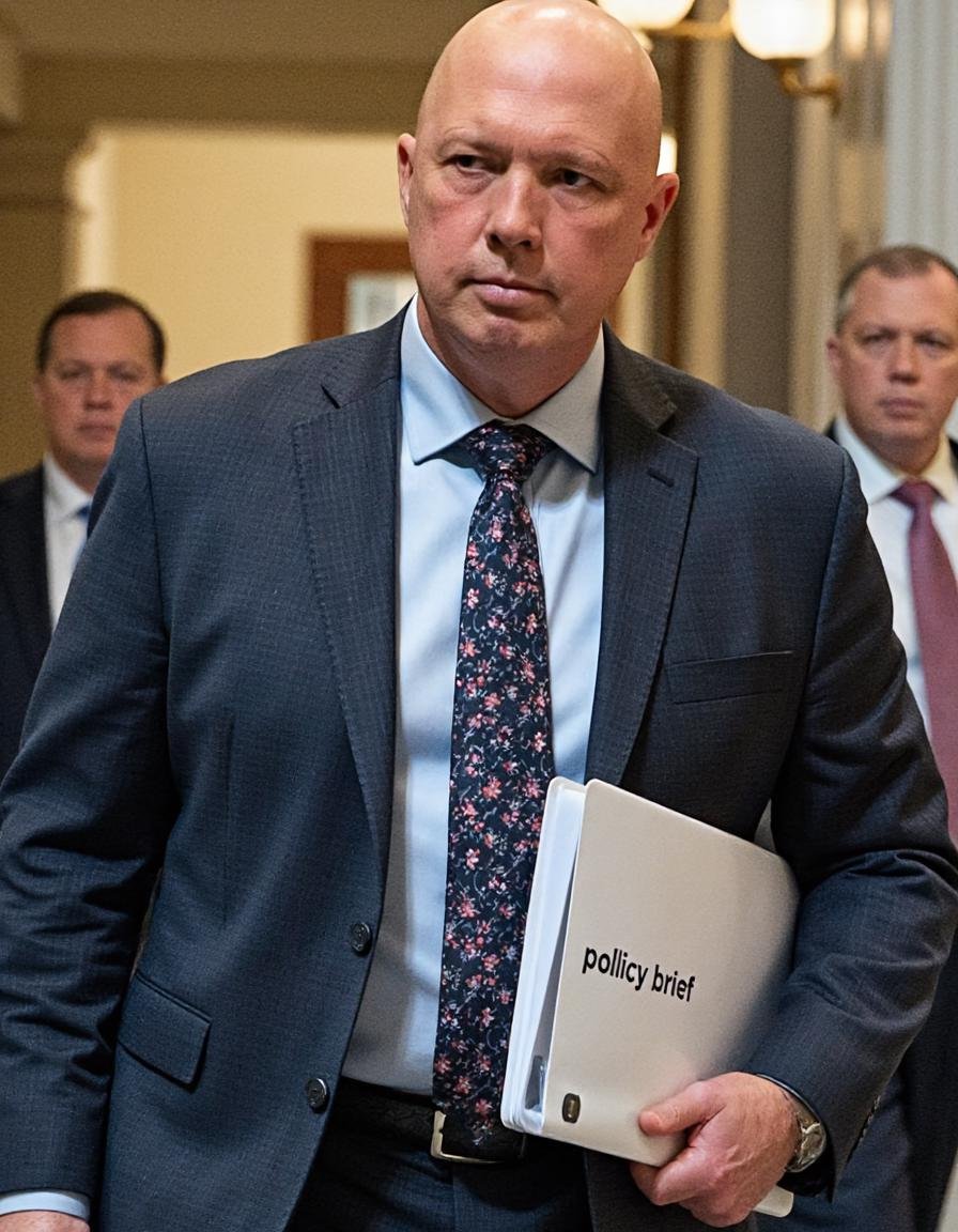 Photograph of a serious-looking,  bald man in a business suit walking through a government building. His expression is foc...