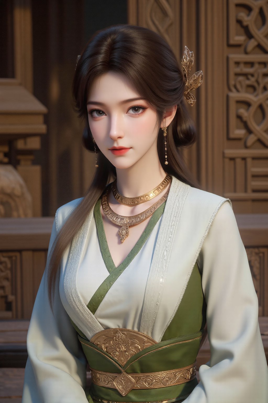 The image depicts a young woman dressed in an elegant traditional outfit. She is wearing a white and green dress with intr...