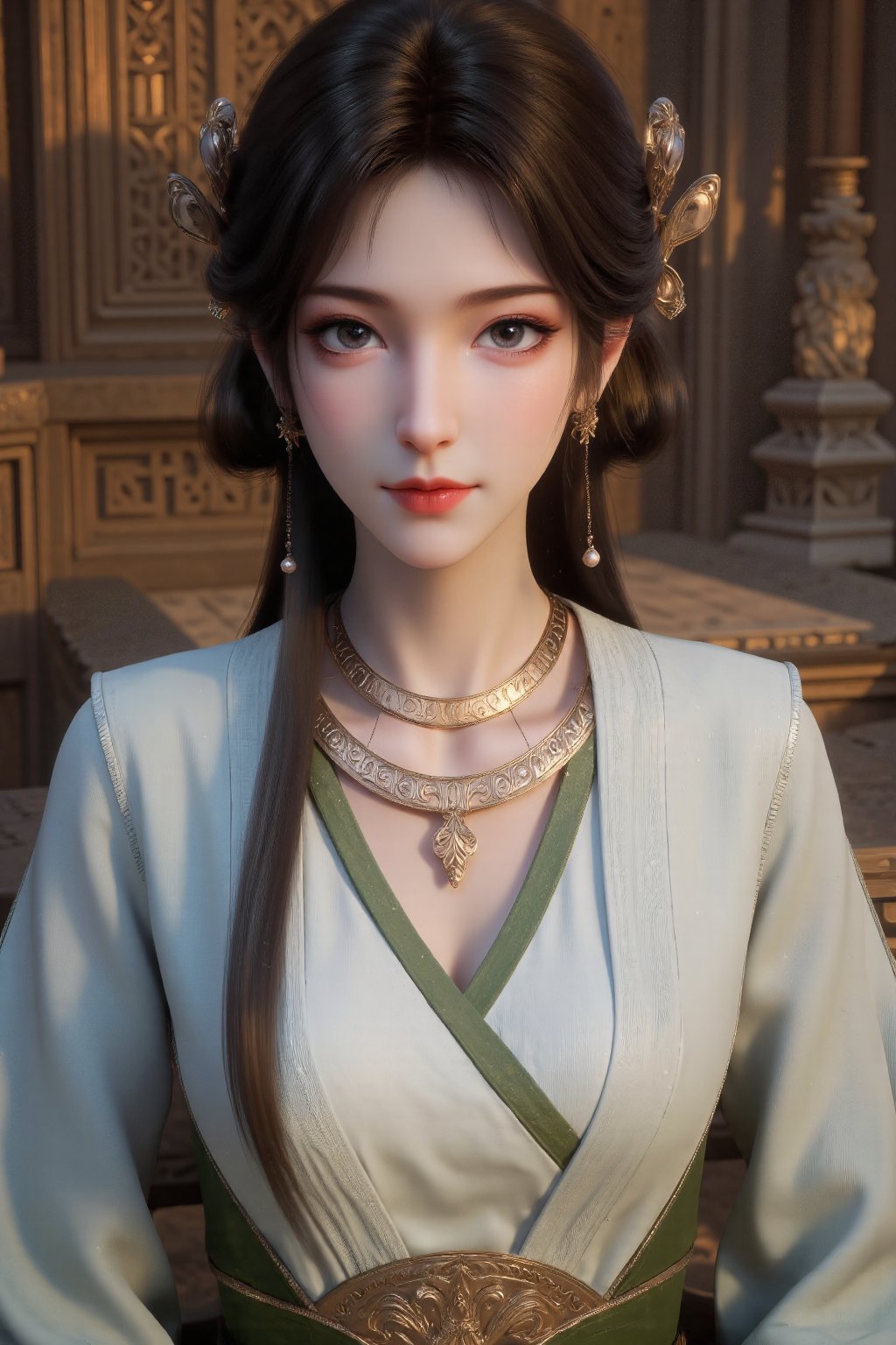 The image depicts a young woman dressed in an elegant traditional outfit. She is wearing a white and green dress with intr...