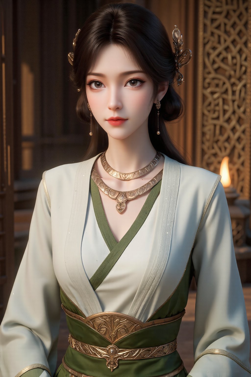 The image depicts a young woman dressed in an elegant traditional outfit. She is wearing a white and green dress with intr...