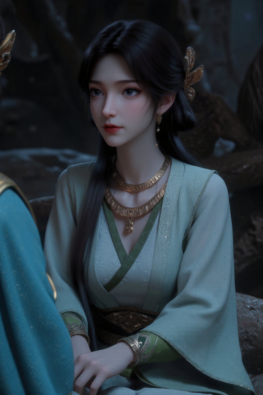 The image depicts a young woman with long black hair styled in an elegant manner,  adorned with intricate gold hairpieces....