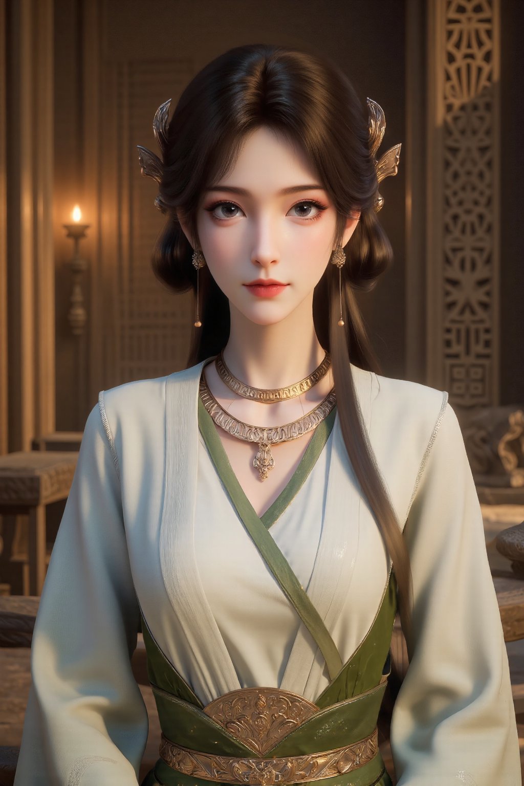 The image depicts a young woman dressed in an elegant traditional outfit. She is wearing a white and green dress with intr...