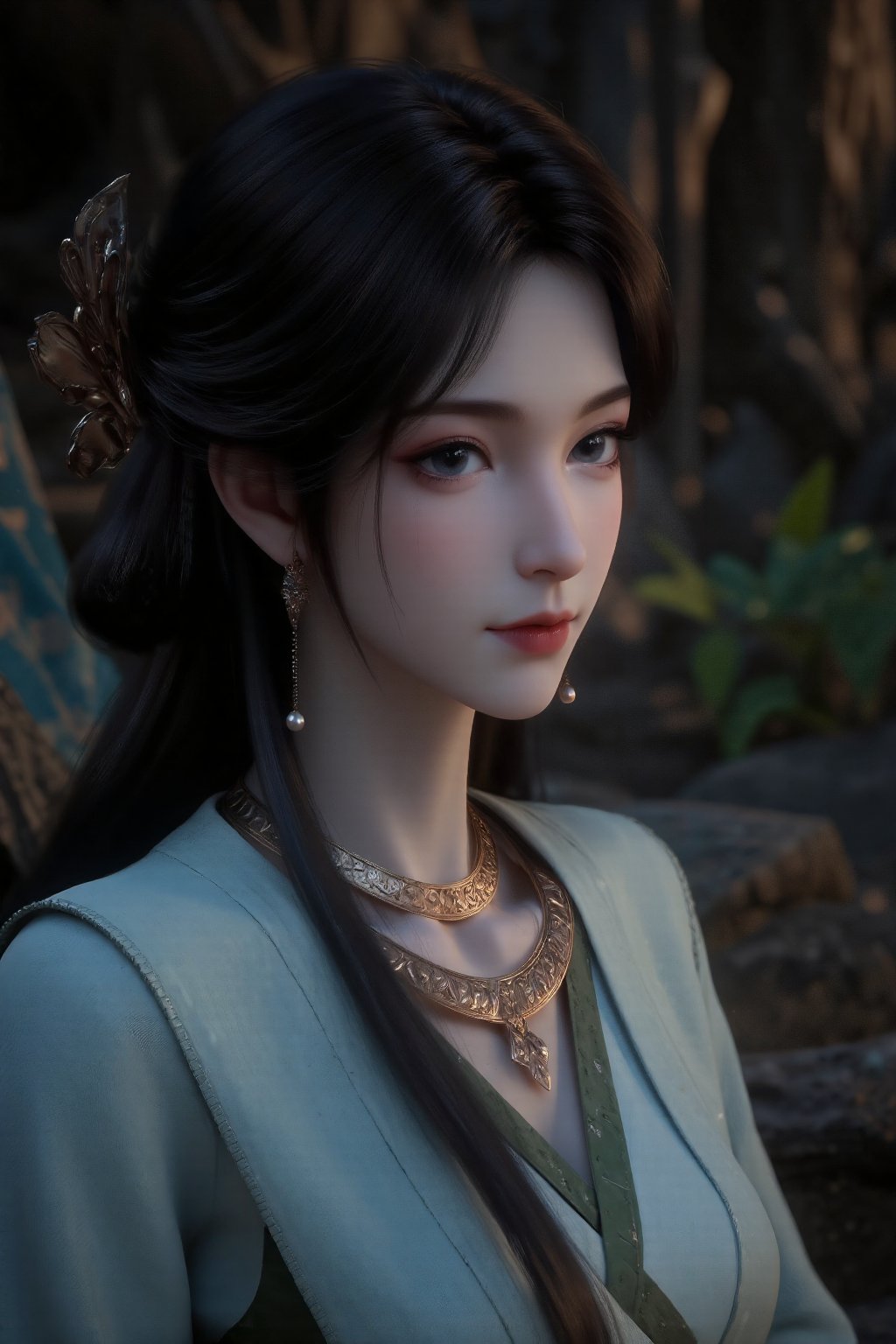 The image depicts a young woman with long black hair styled in an elegant manner,  adorned with intricate gold hairpieces....