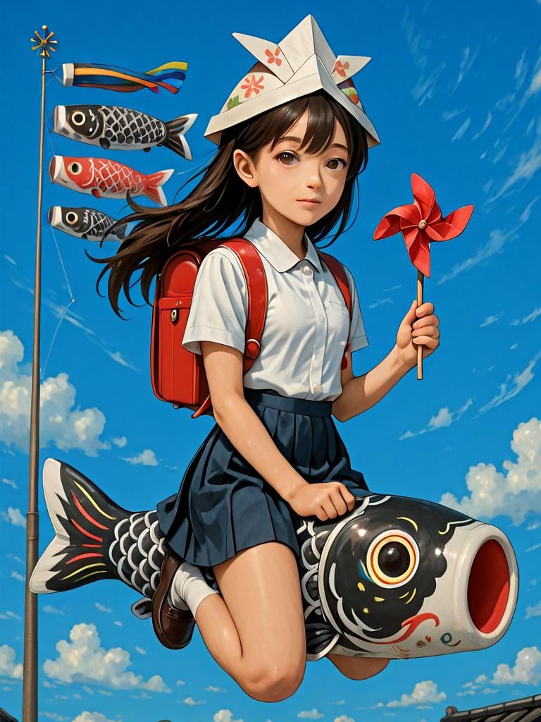 koinobori,  riding black koi,  riding black carp by 鬼畫符 on Tensor.Art