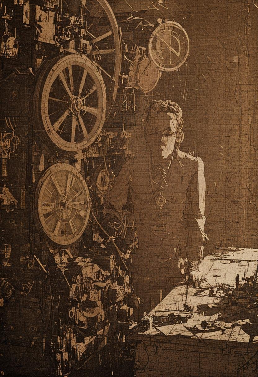 Steampunk mature female inventor in a cluttered workshop,  brass machinery,  glowing blueprints by billem on Tensor.Art