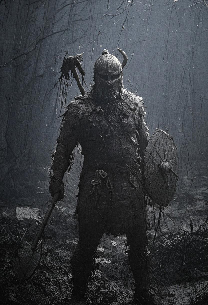 Viking warrior on a stormy battlefield,  axe raised,  dramatic lighting by billem on Tensor.Art