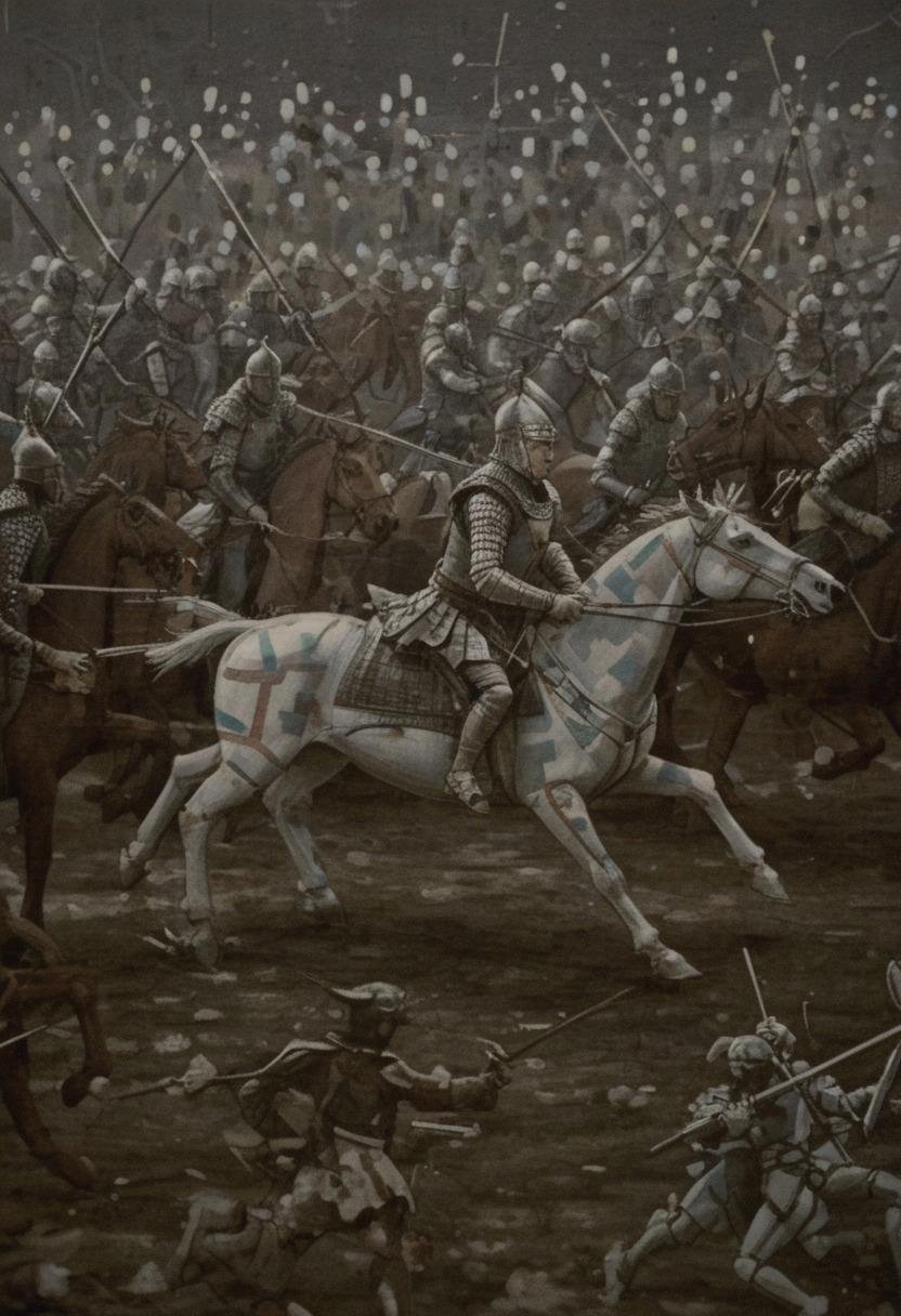 A realistic medieval battle scene,  but the soldiers are riding pastel-colored robotic horses wielding historically accura...
