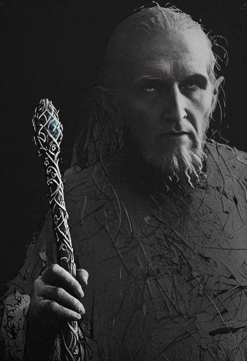 Hyper-realistic portrait of an old wizard,  glowing staff,  ancient runes by billem on Tensor.Art