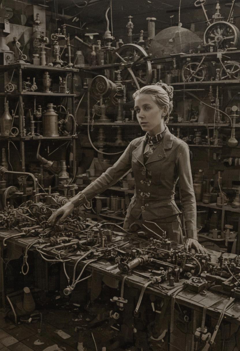 Steampunk mature female inventor in a cluttered workshop,  brass machinery,  glowing blueprints by billem on Tensor.Art
