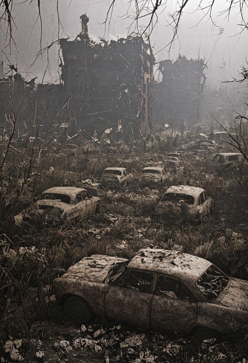 Post-apocalyptic wasteland,  abandoned city,  rusted vehicles by billem on Tensor.Art